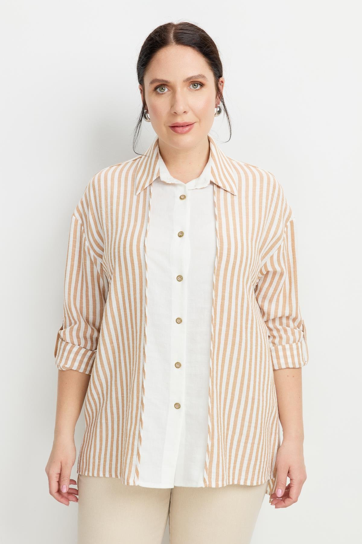 Büyük Beden Çizgi Detaylı Gömlek-CAMEL