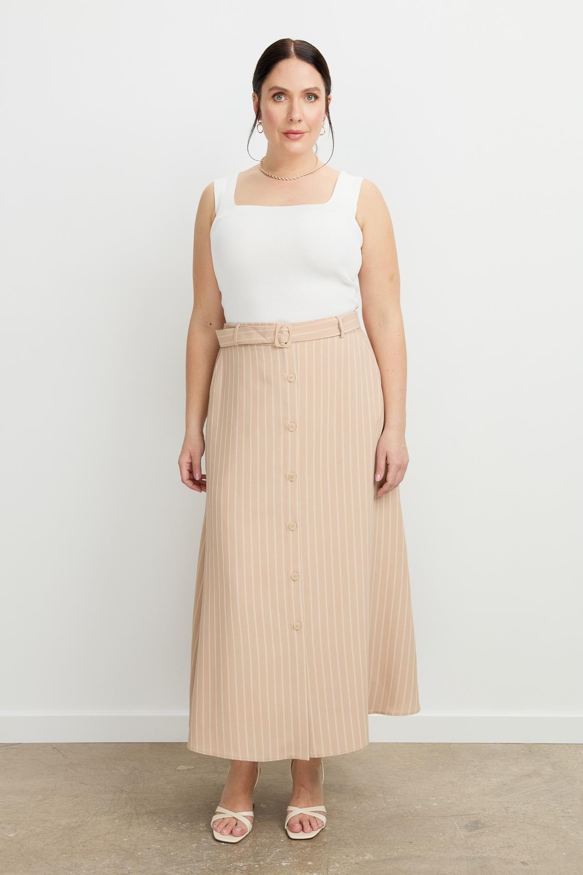 Büyük Beden Çizgili Linda etek-VİZON