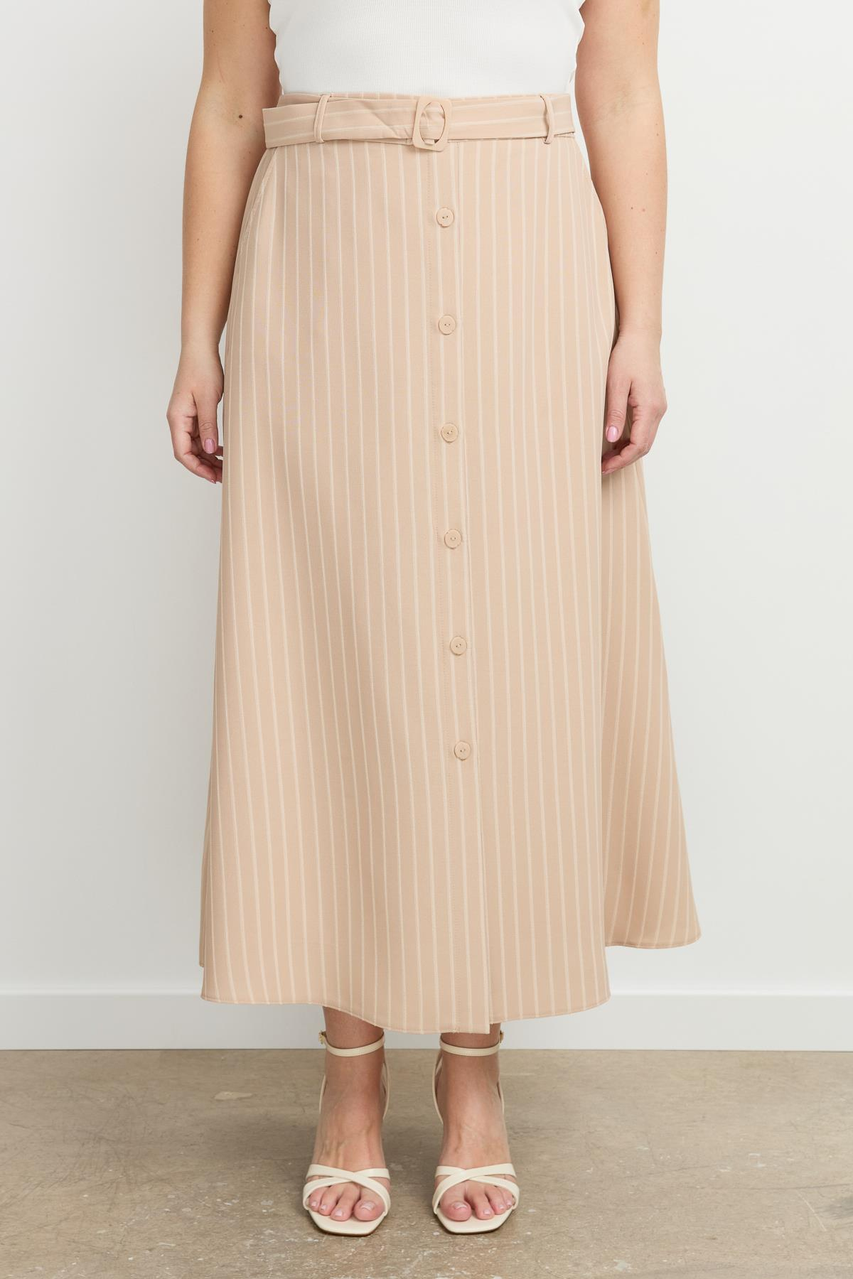 Büyük Beden Çizgili Linda etek-VİZON