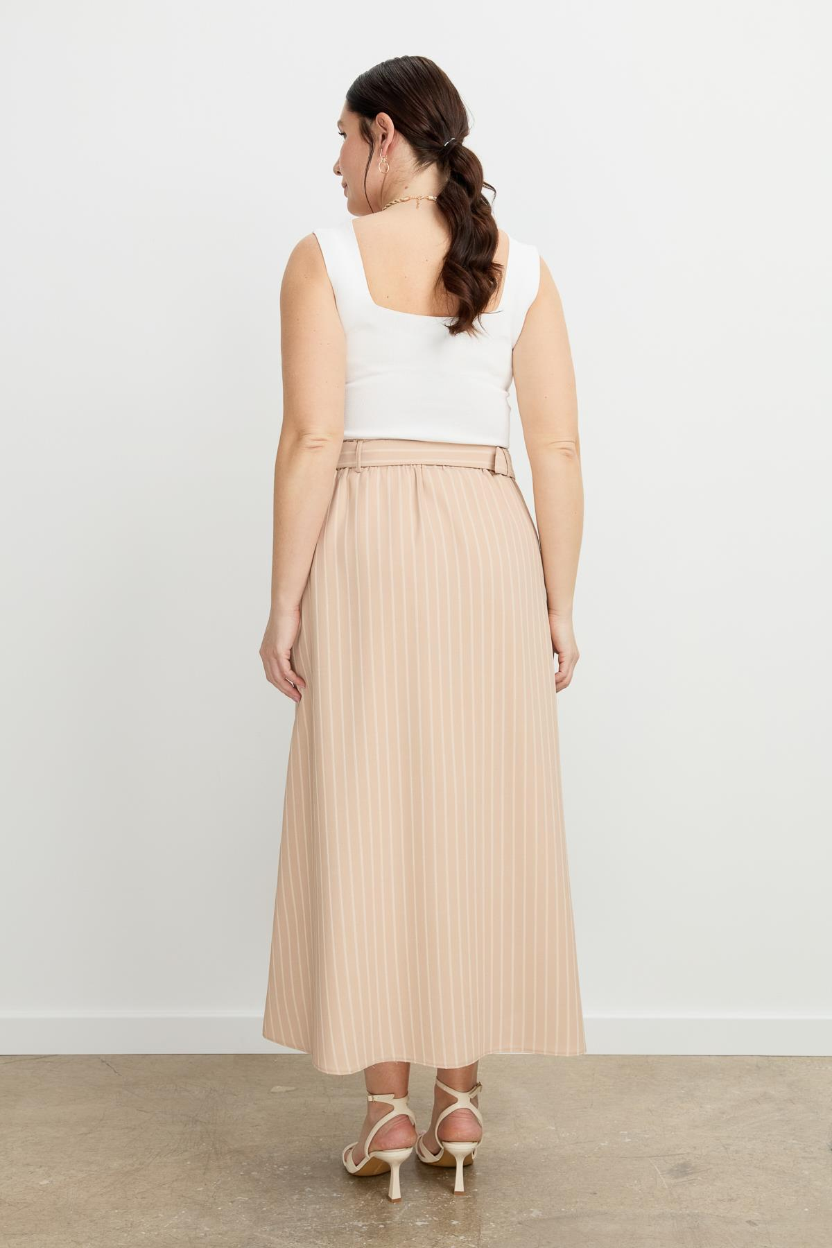 Büyük Beden Çizgili Linda etek-VİZON