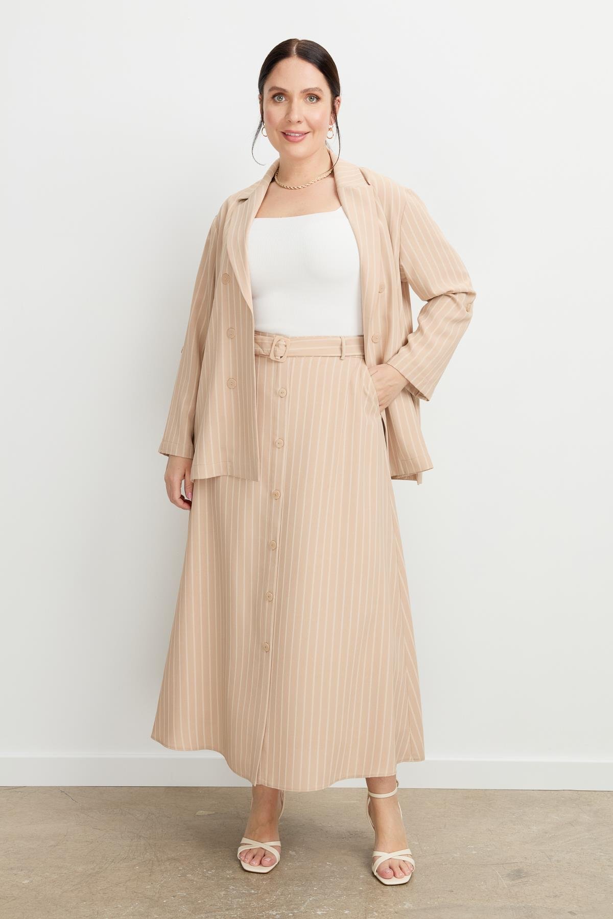 Büyük Beden Çizgili Linda etek-VİZON