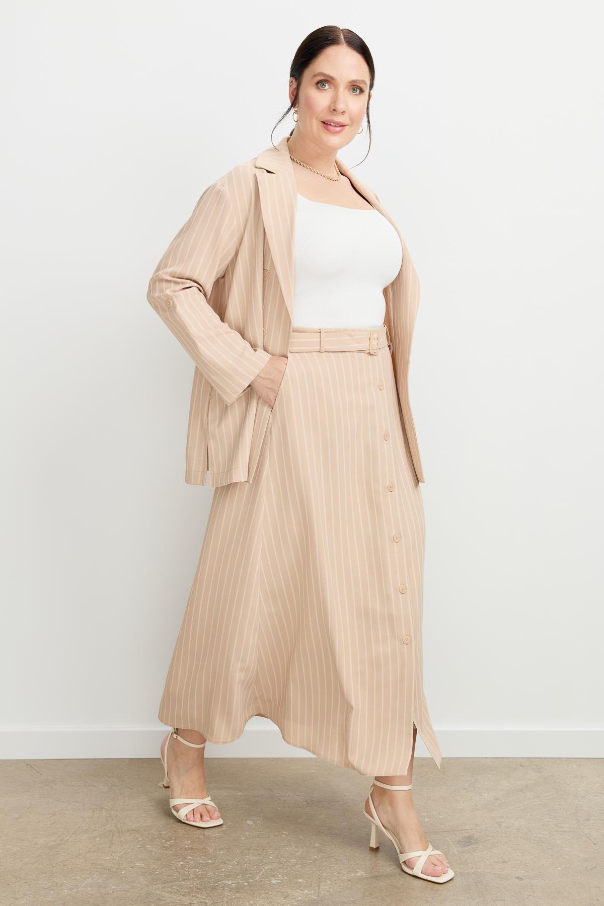 Büyük Beden Çizgili Linda etek-VİZON