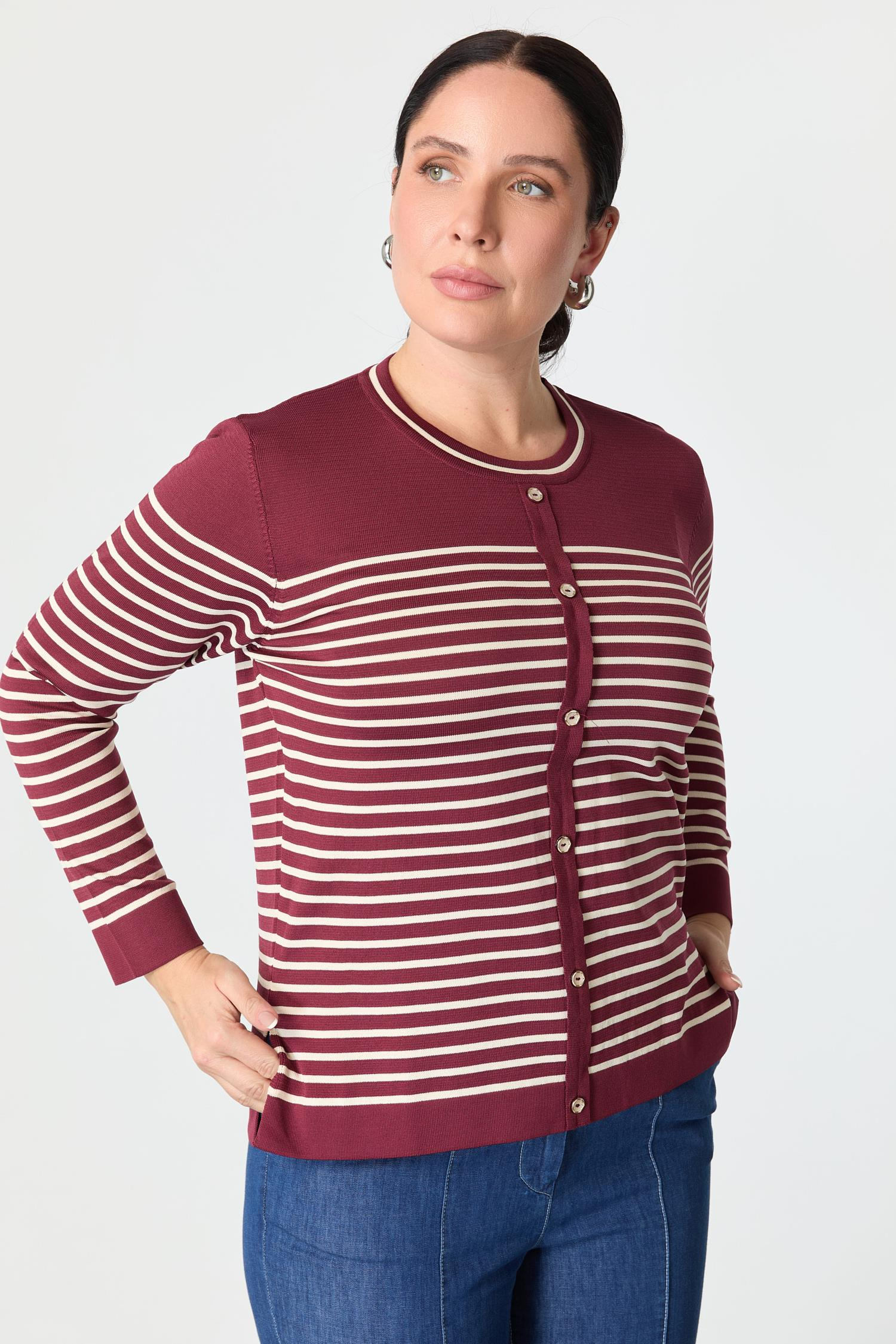 Büyük Beden Çizgili Triko Kazak-BORDO