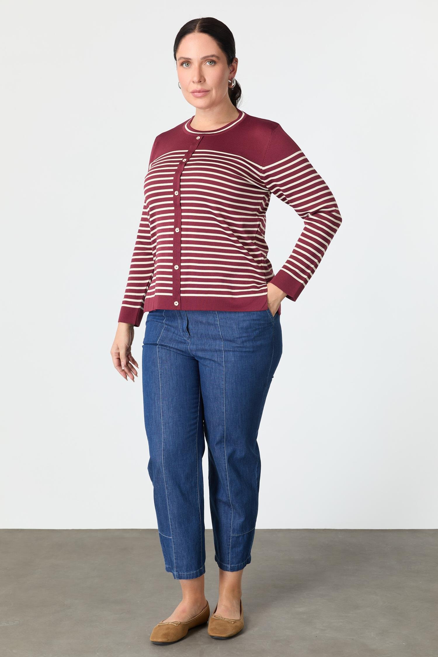 Büyük Beden Çizgili Triko Kazak-BORDO
