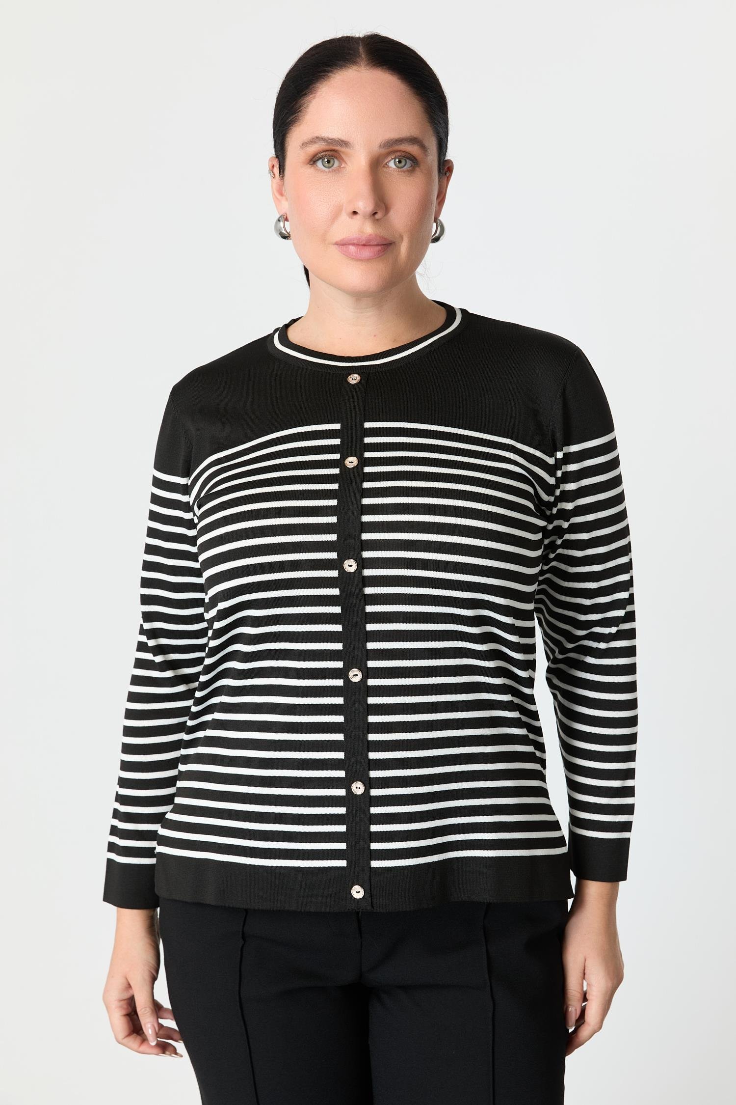 Büyük Beden Çizgili Triko Kazak-SİYAH