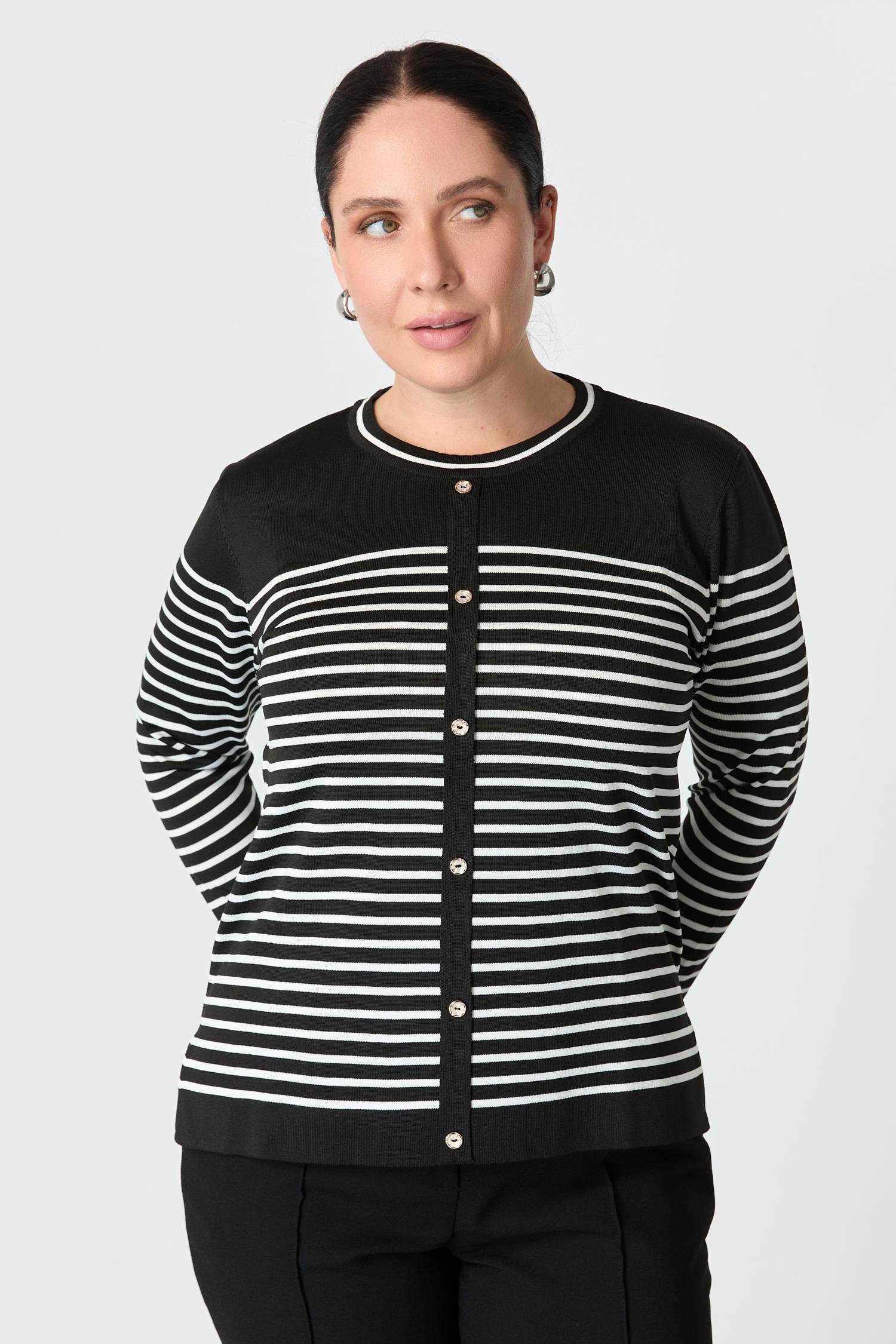 Büyük Beden Çizgili Triko Kazak-SİYAH