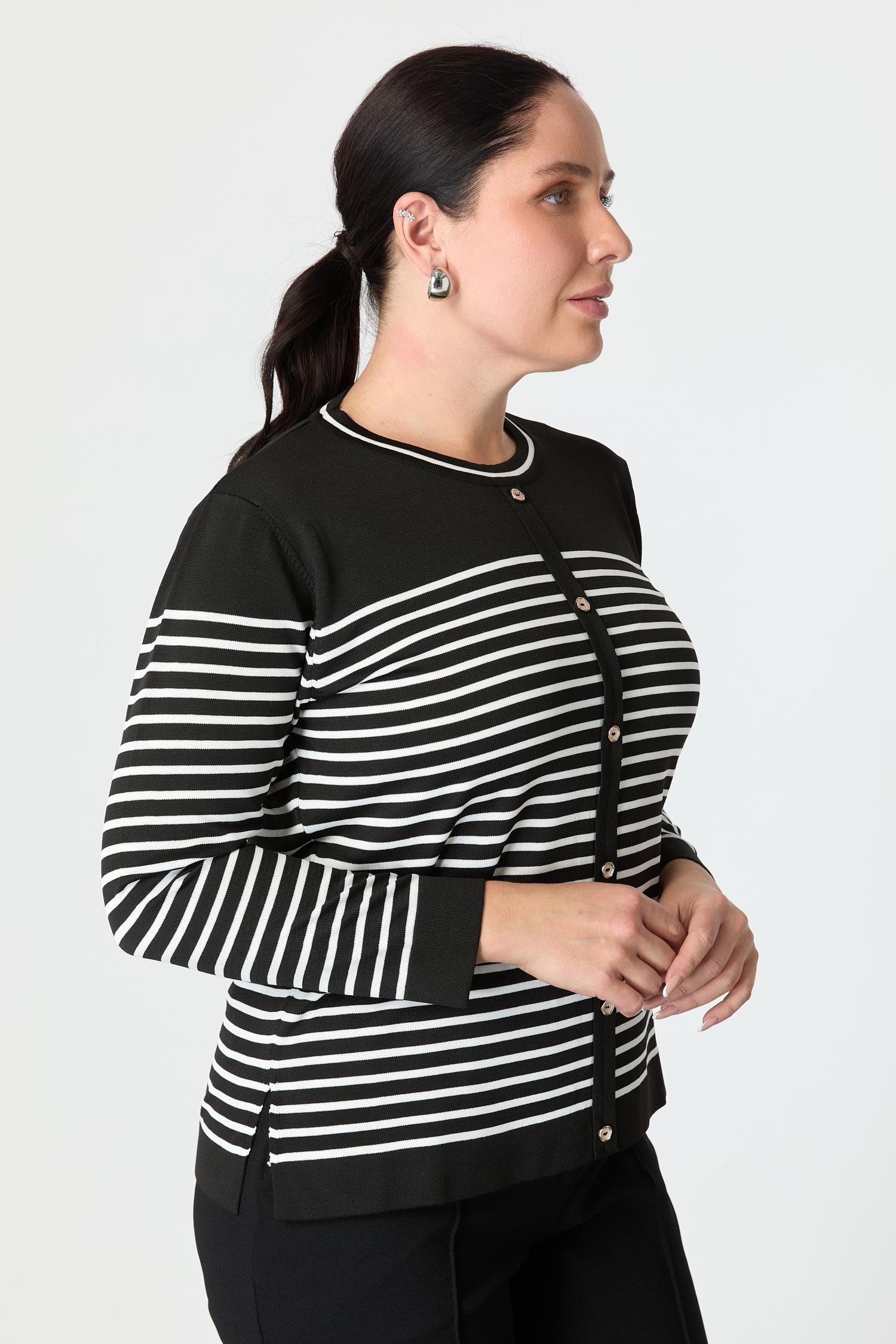 Büyük Beden Çizgili Triko Kazak-SİYAH