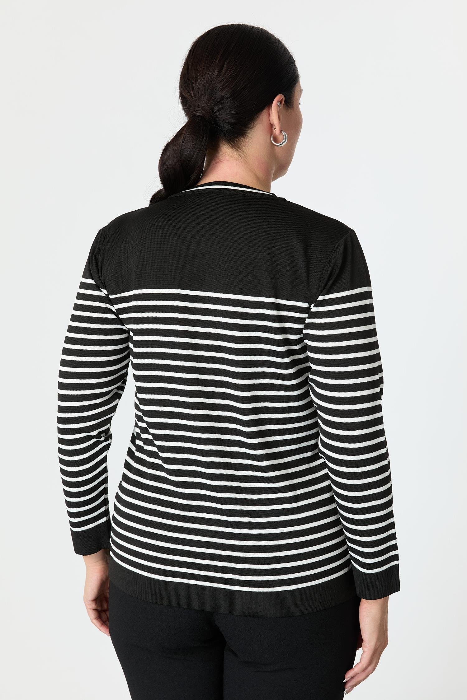 Büyük Beden Çizgili Triko Kazak-SİYAH