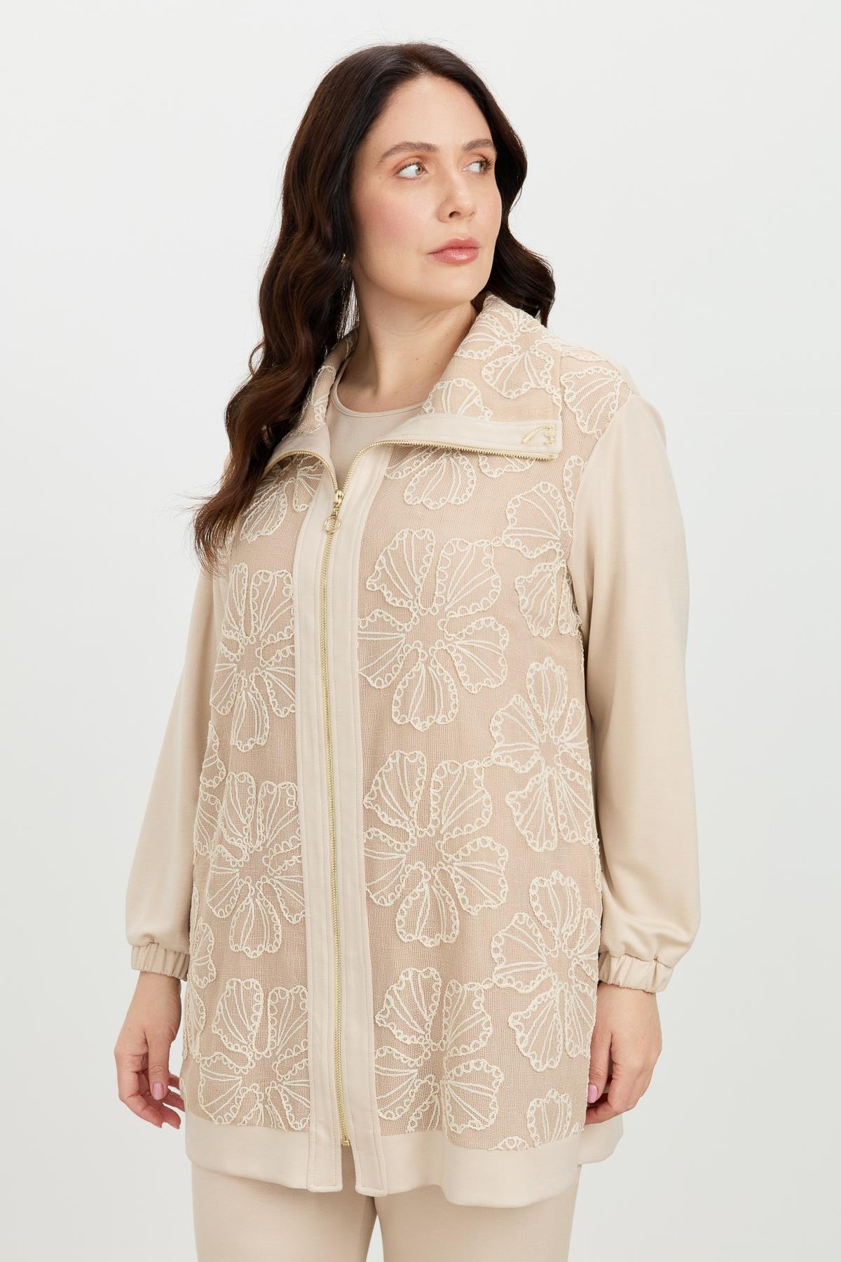 Büyük Beden Dantel Detay 2'li Takım-BEJ