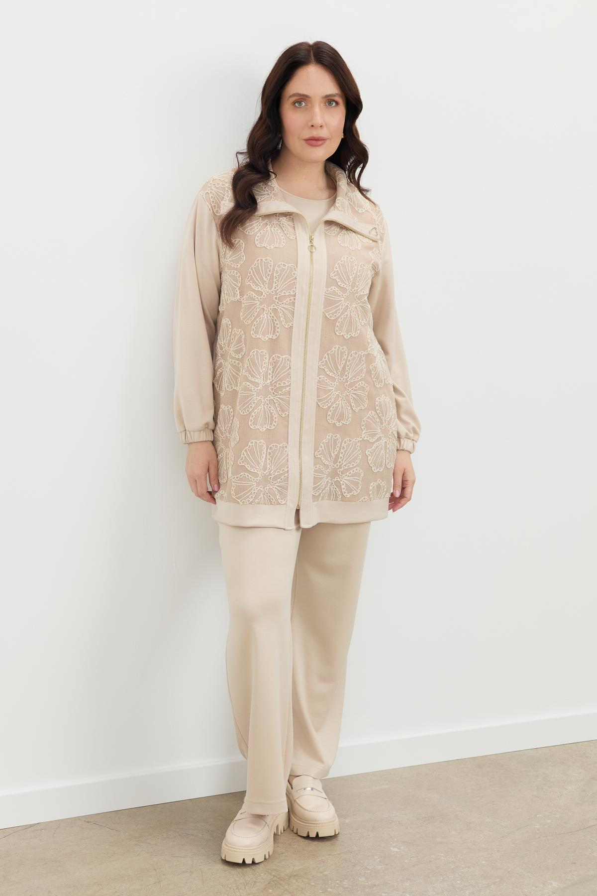 Büyük Beden Dantel Detay 2'li Takım-BEJ