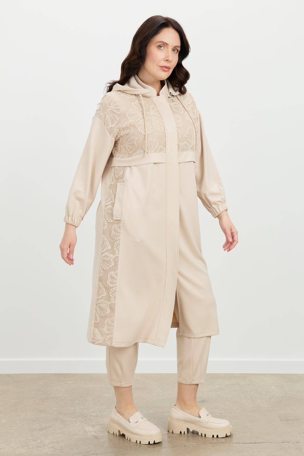 Büyük Beden Dantel Detay Tunik-BEJ