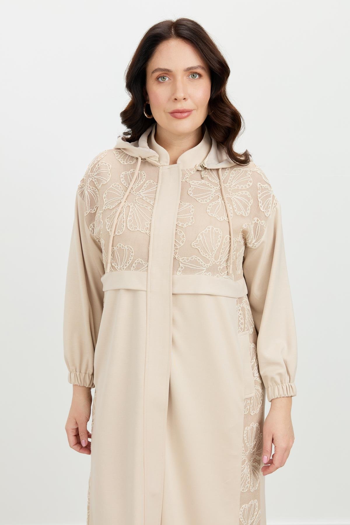 Büyük Beden Dantel Detay Tunik-BEJ