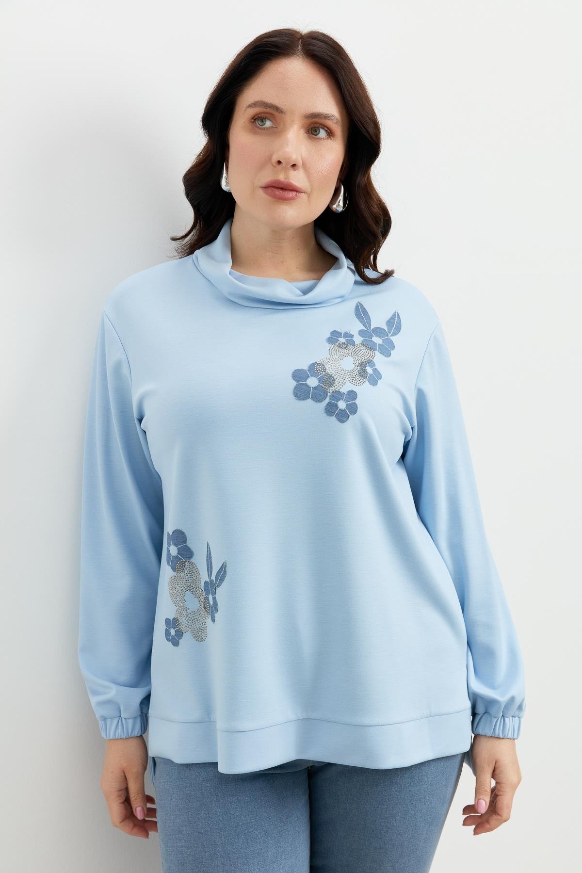 Büyük Beden Degaje Yaka Sweatshirt-MAVİ