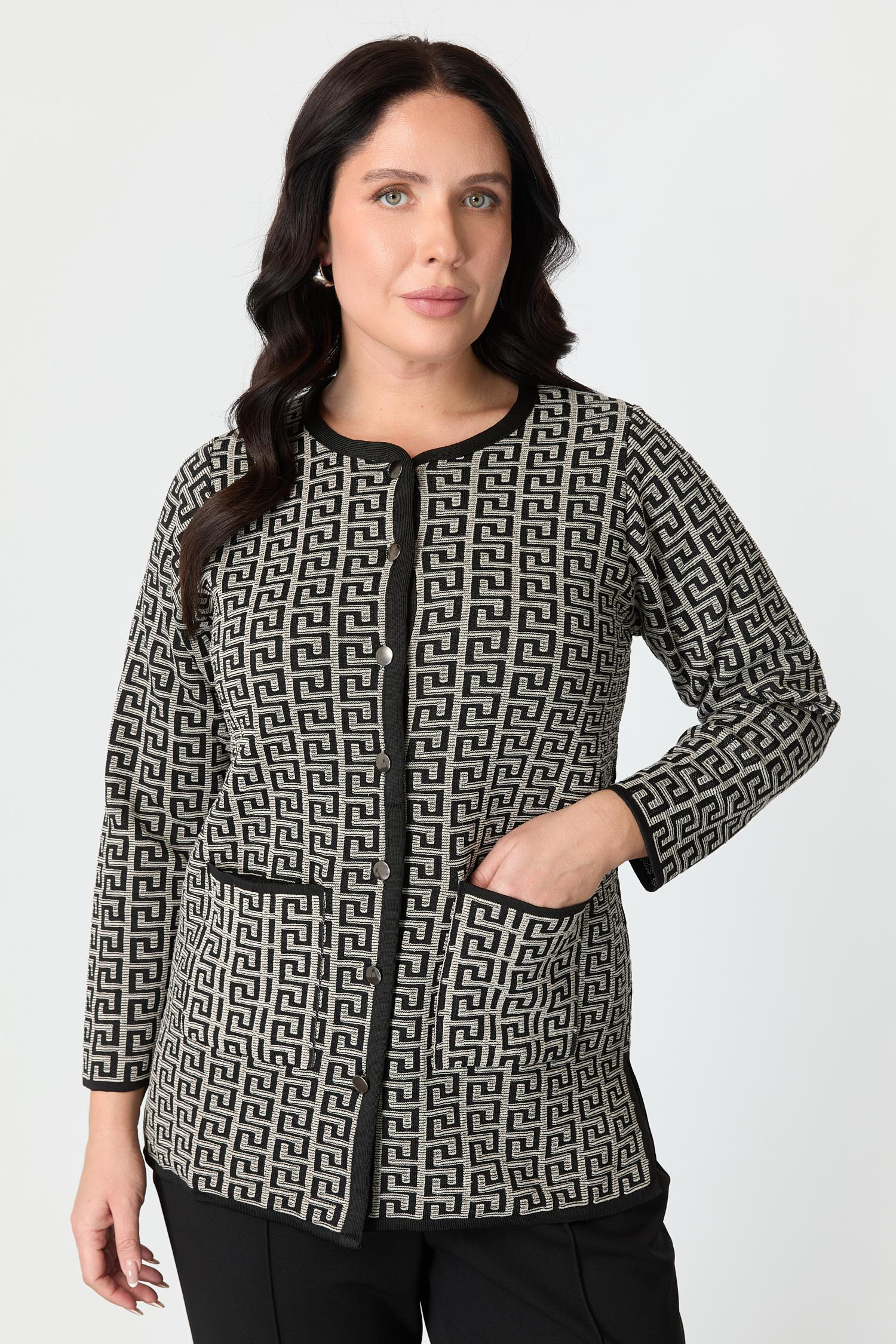 Büyük Beden Desenli Cep Detay Triko Hırka-SİYAH