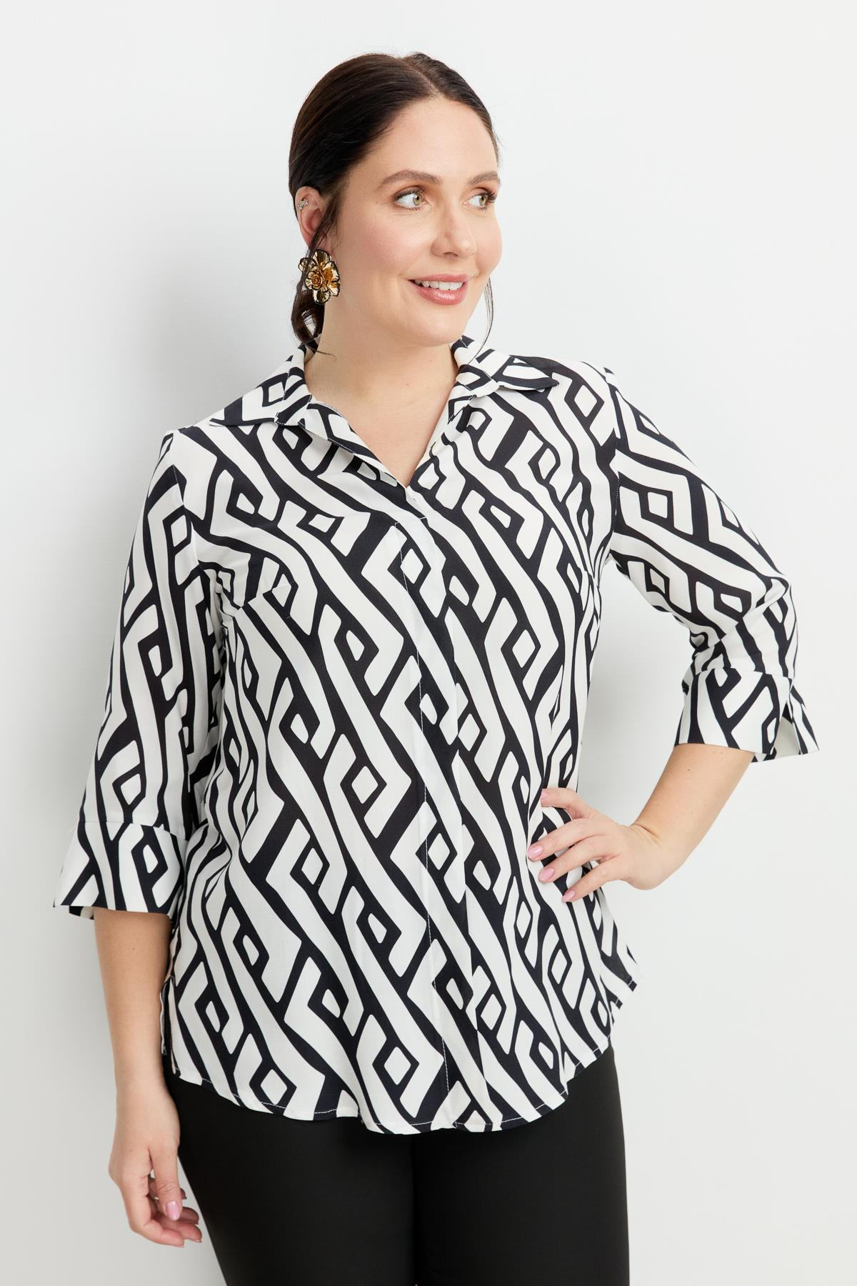 Büyük Beden Desenli Gömlek-SİYAH