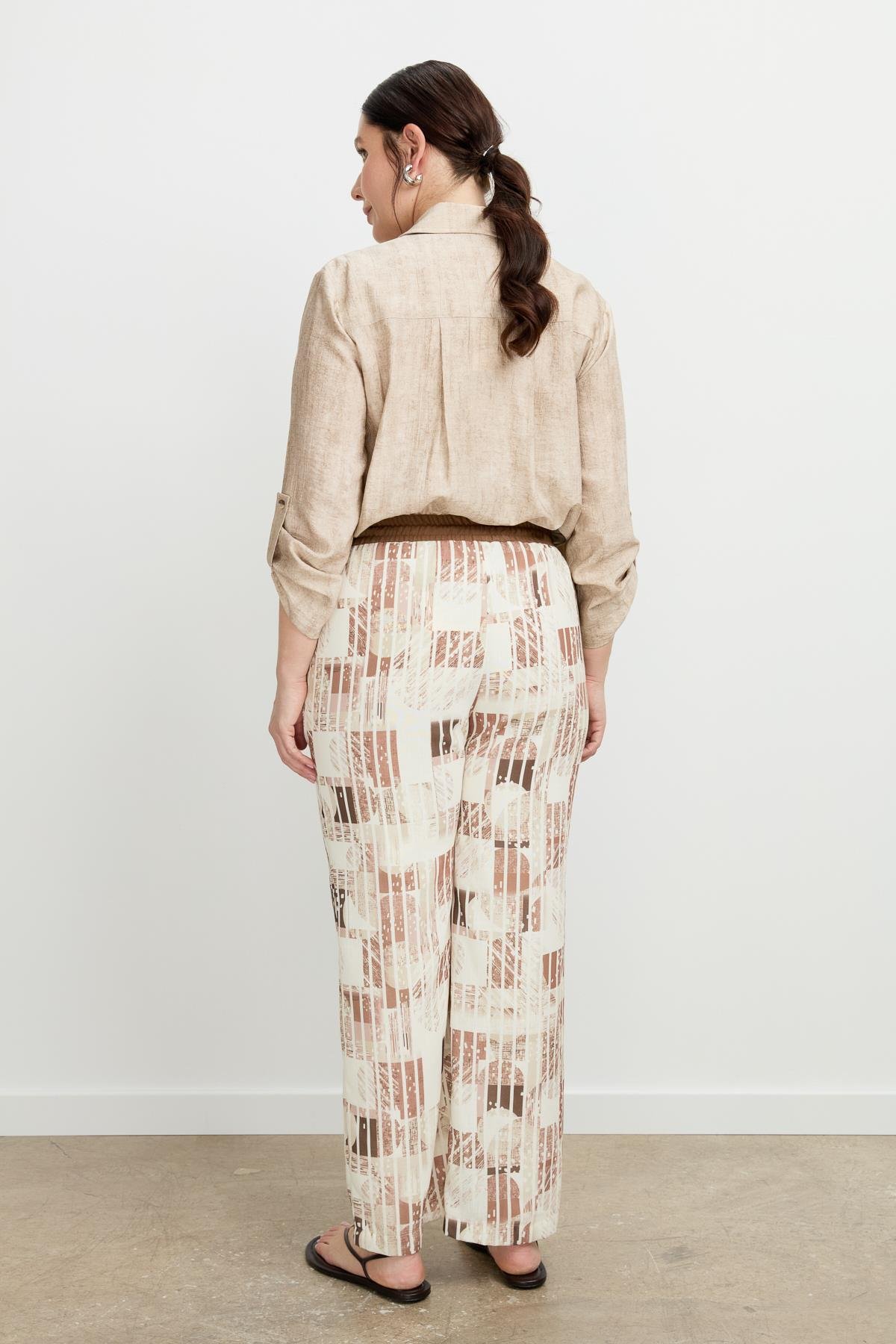 Büyük Beden Desenli Keten Pantolon-KAHVE