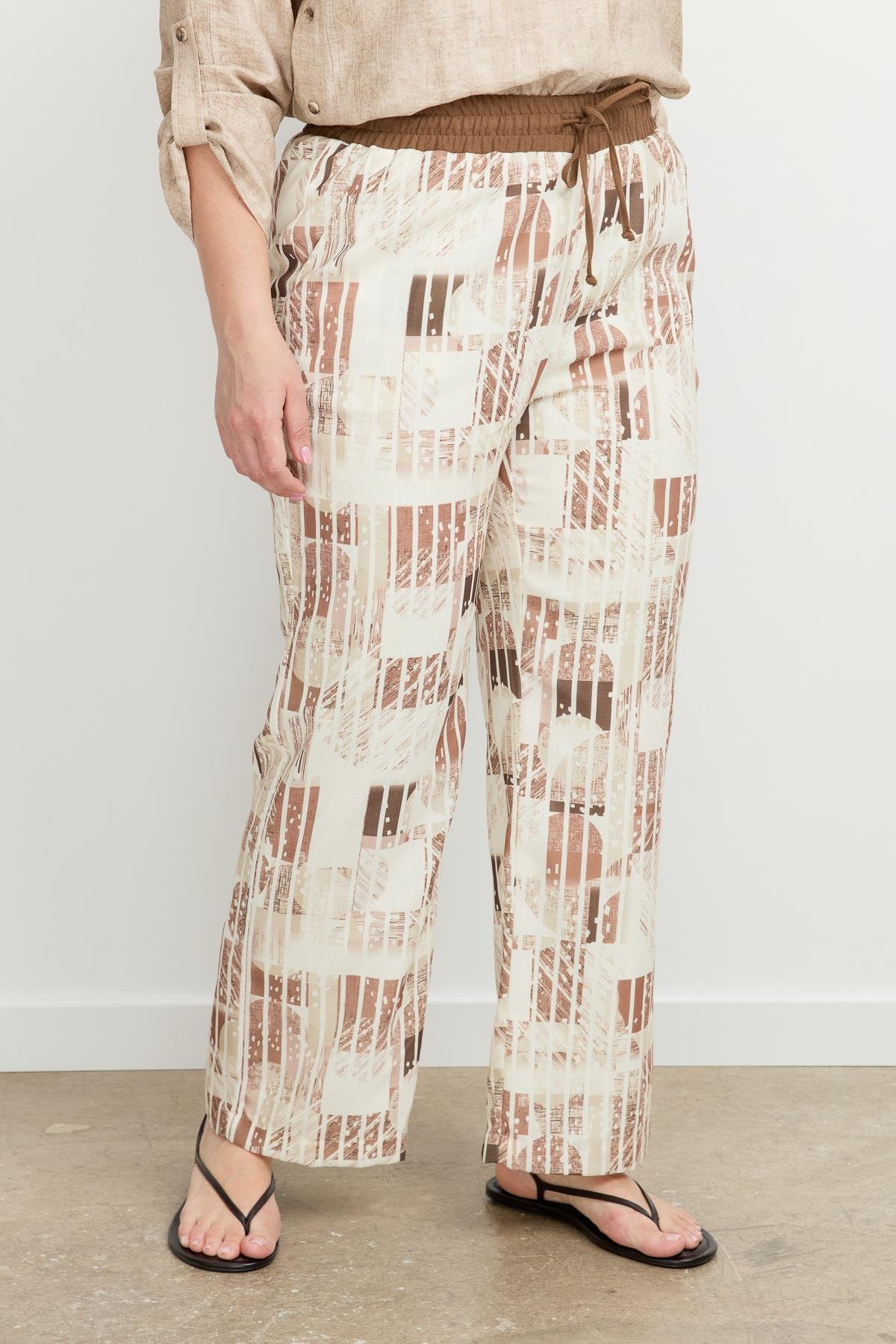 Büyük Beden Desenli Keten Pantolon-KAHVE