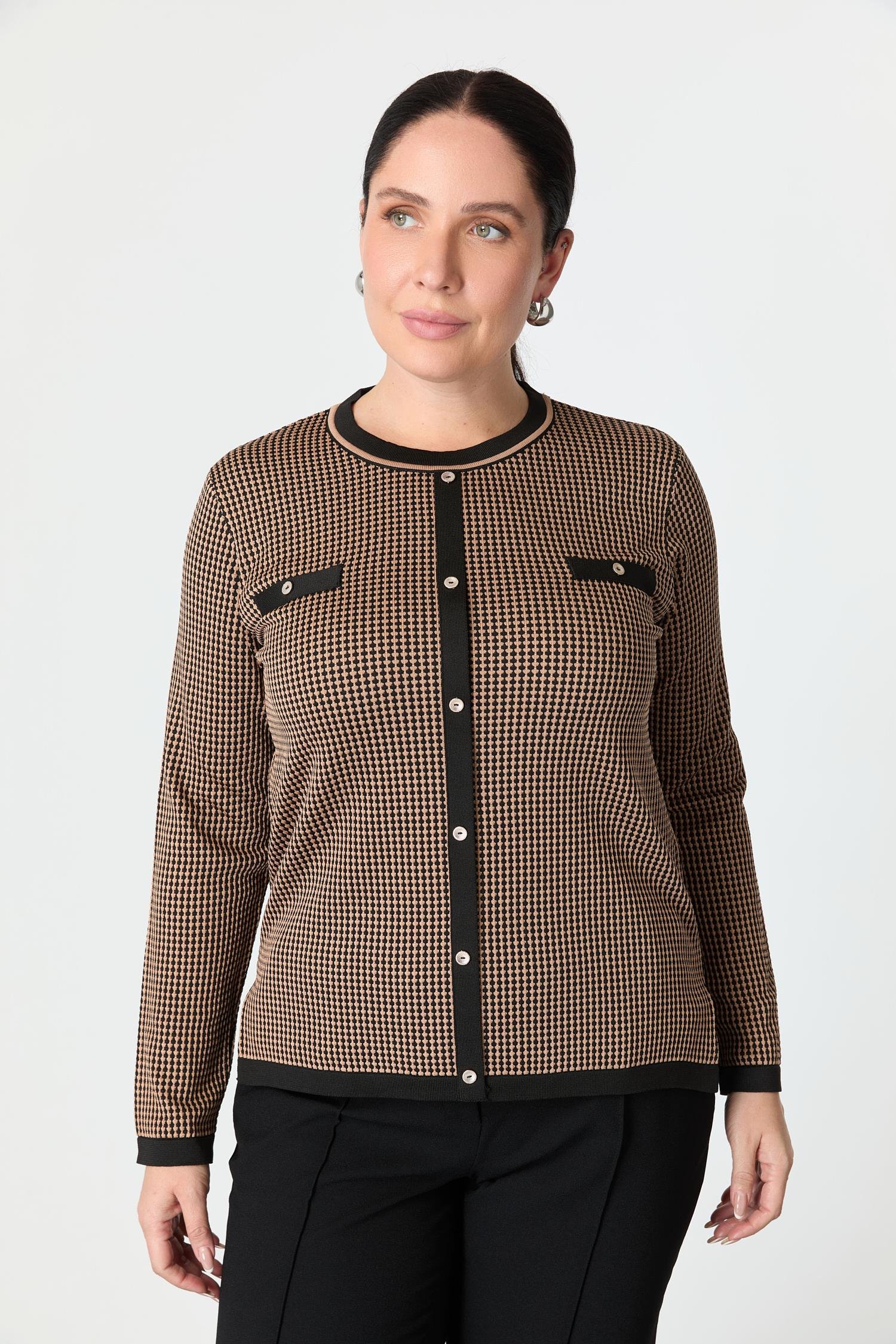 Büyük Beden Desenli Triko Kazak-SİYAH/VİZON