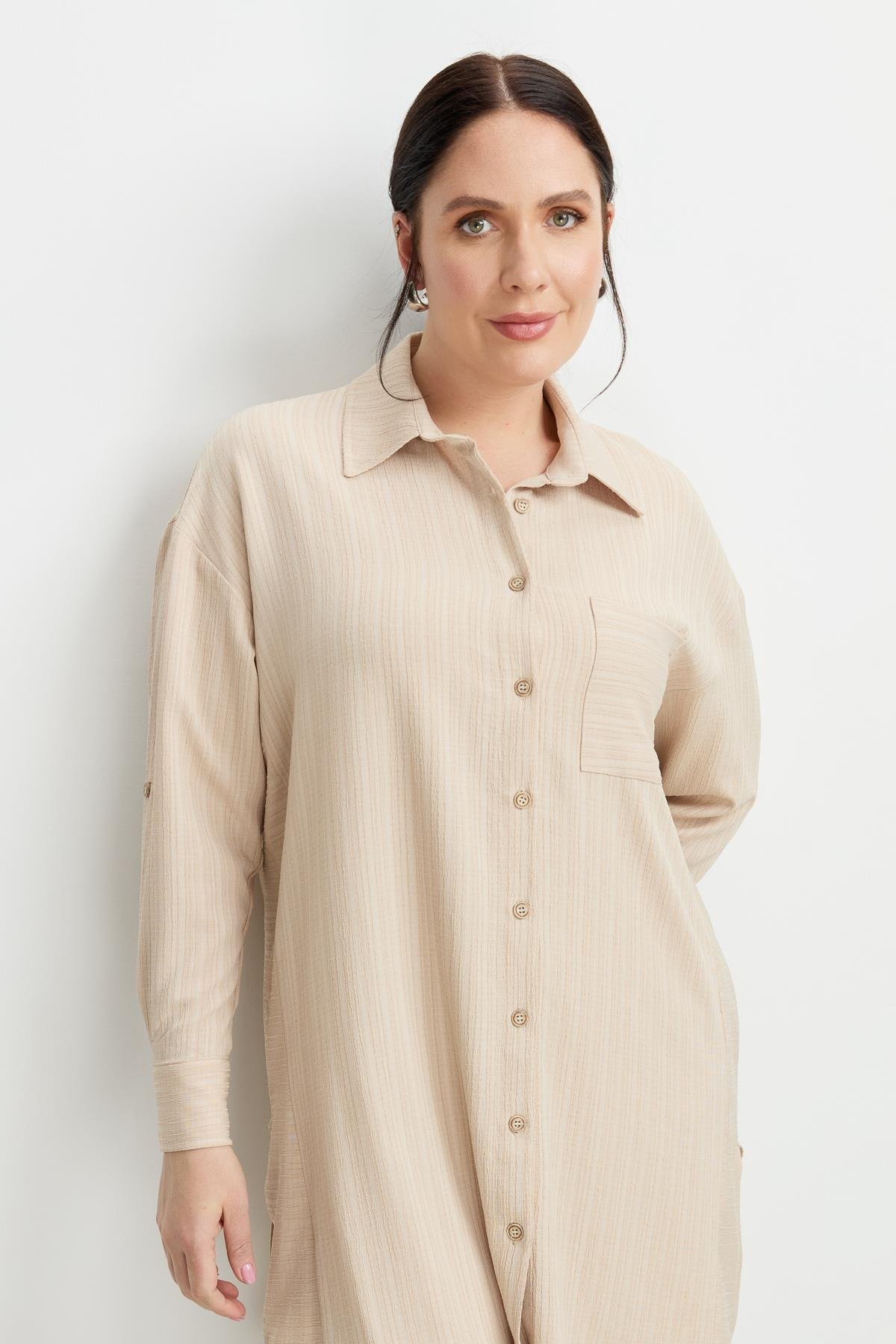 Büyük Beden Dokulu Tunik Gömlek-BEJ