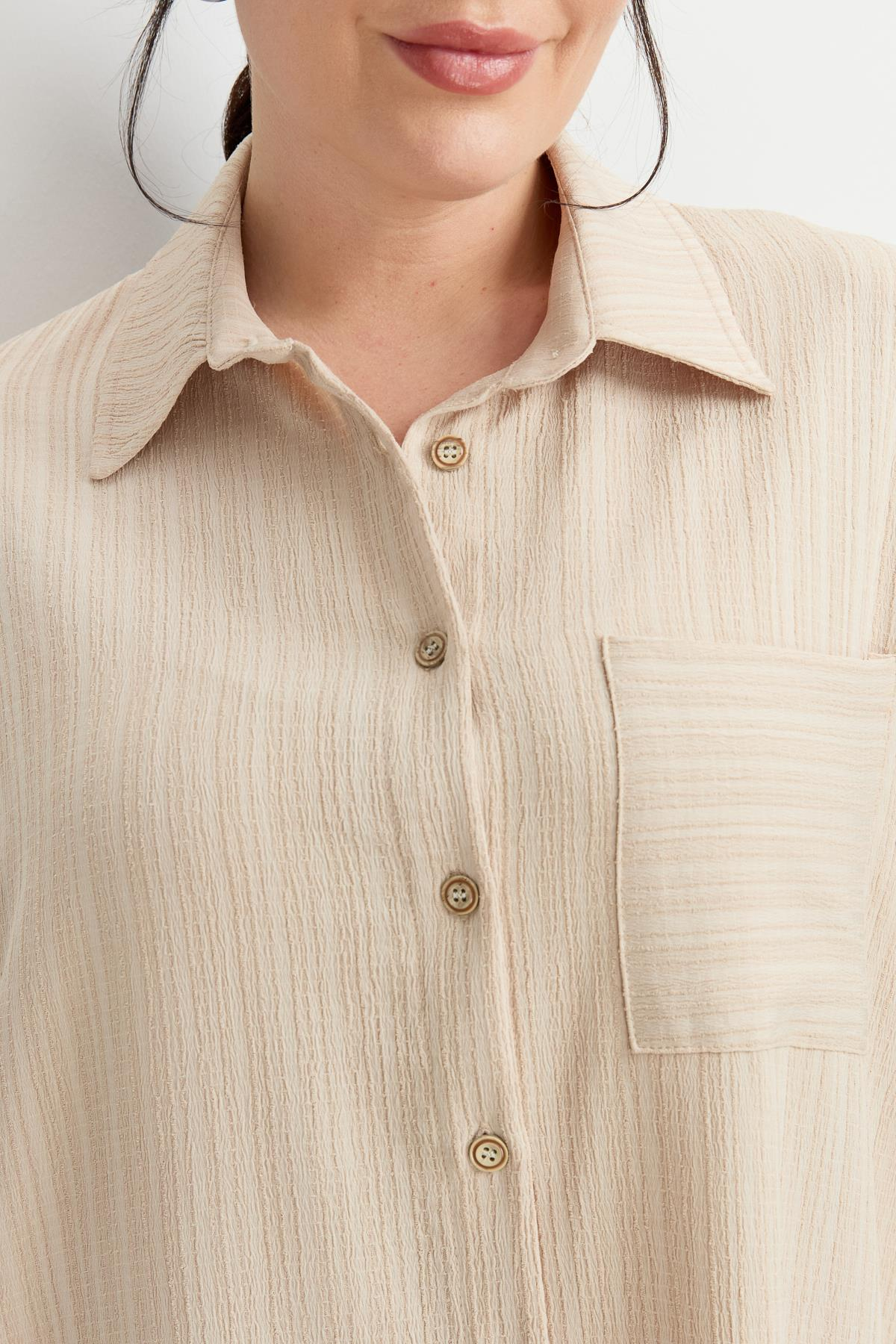 Büyük Beden Dokulu Tunik Gömlek-BEJ