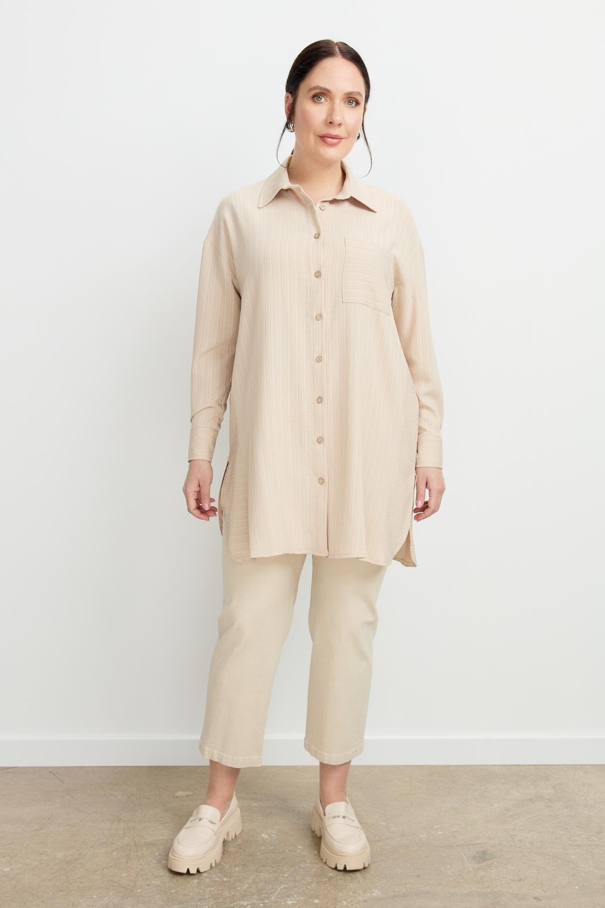 Büyük Beden Dokulu Tunik Gömlek-BEJ