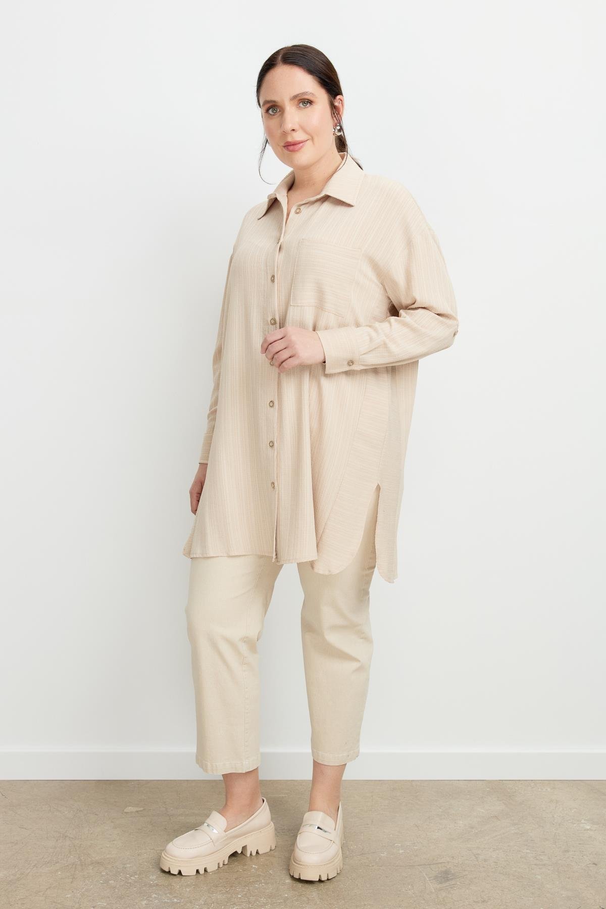 Büyük Beden Dokulu Tunik Gömlek-BEJ