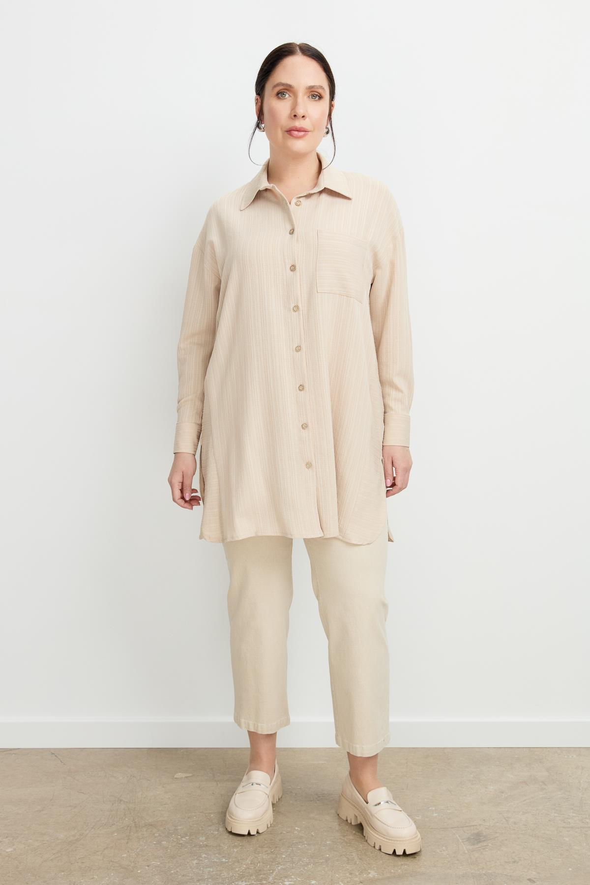 Büyük Beden Dokulu Tunik Gömlek-BEJ