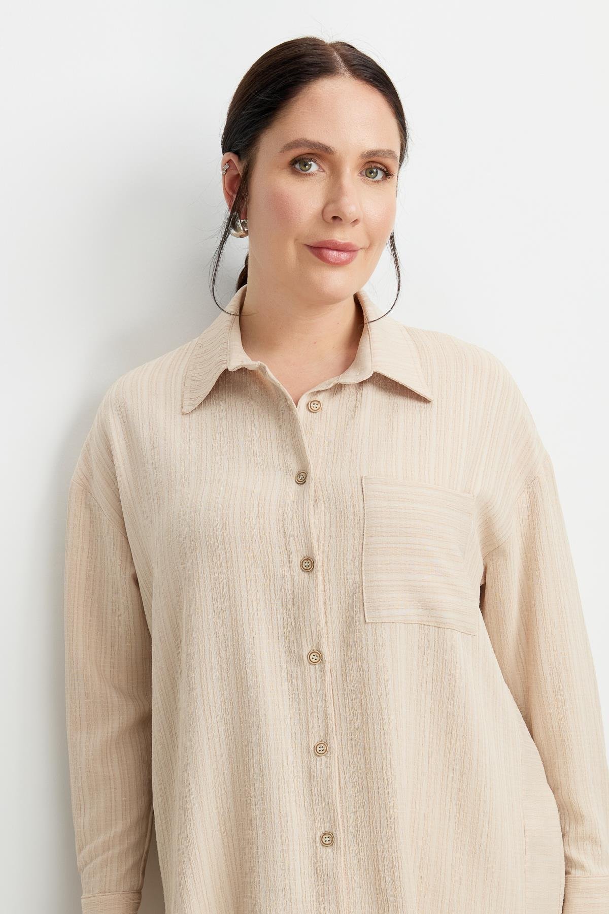 Büyük Beden Dokulu Tunik Gömlek-BEJ