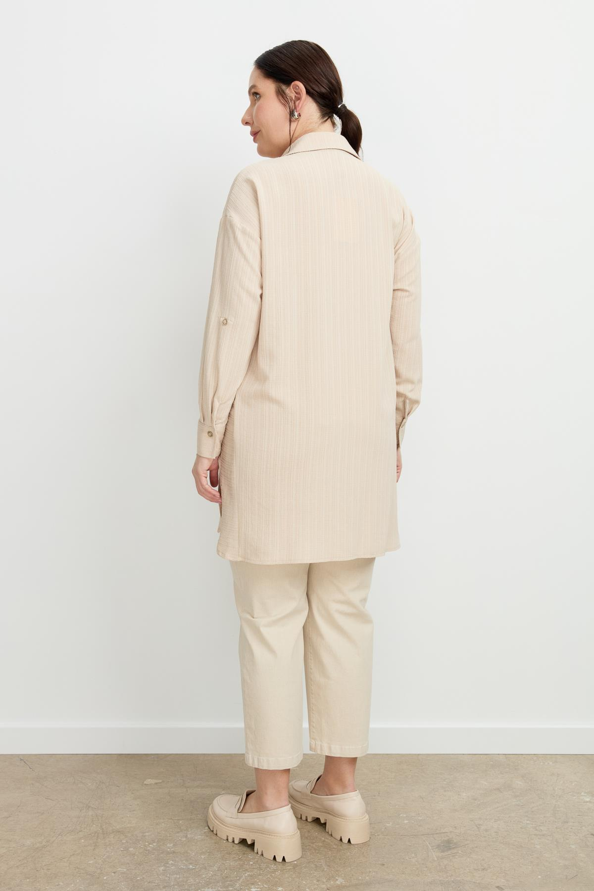 Büyük Beden Dokulu Tunik Gömlek-BEJ