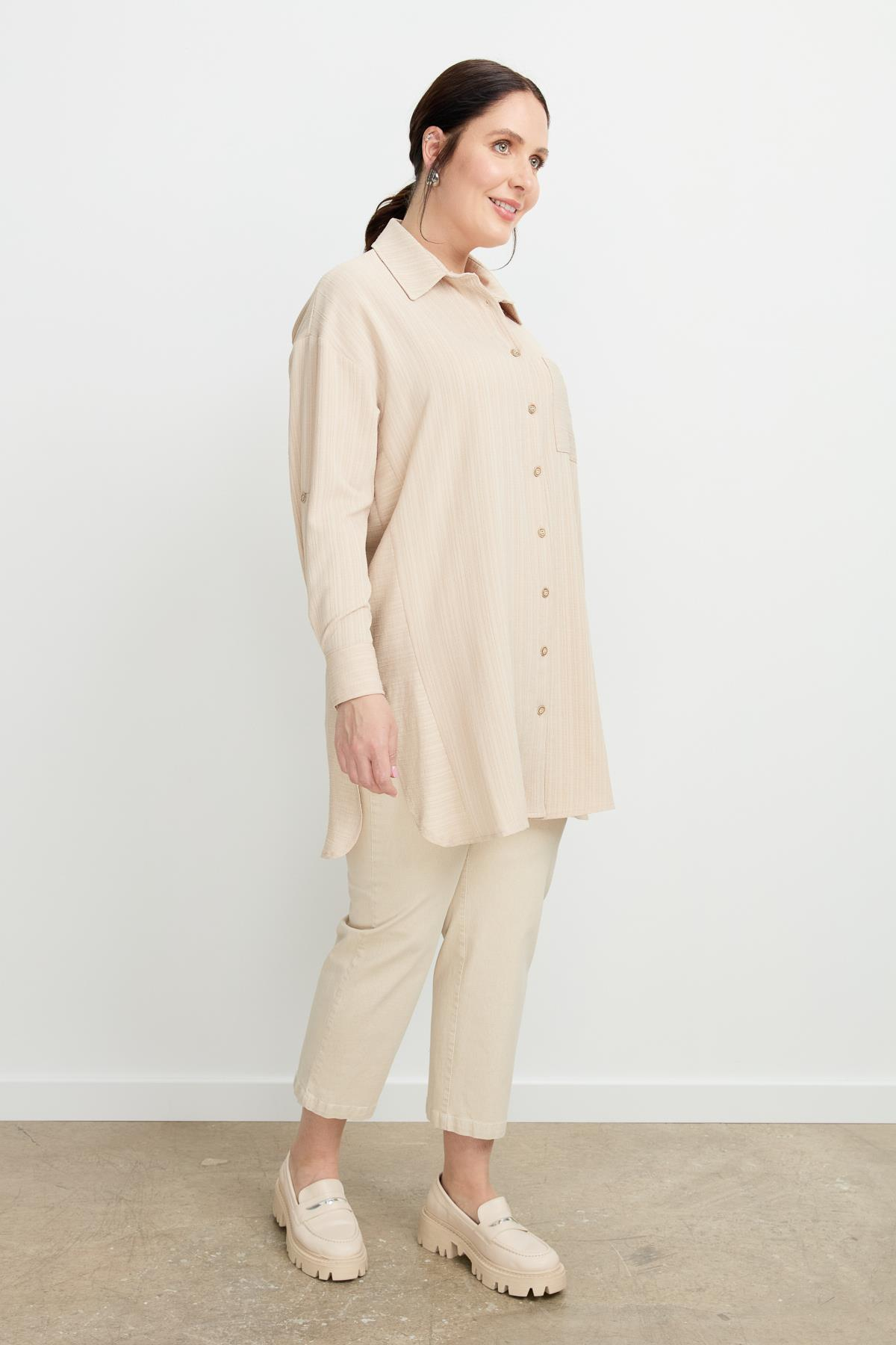 Büyük Beden Dokulu Tunik Gömlek-BEJ