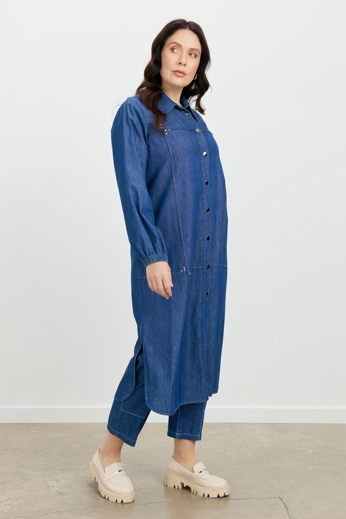 Büyük Beden Düğme Detay Kot Elbise-LACI