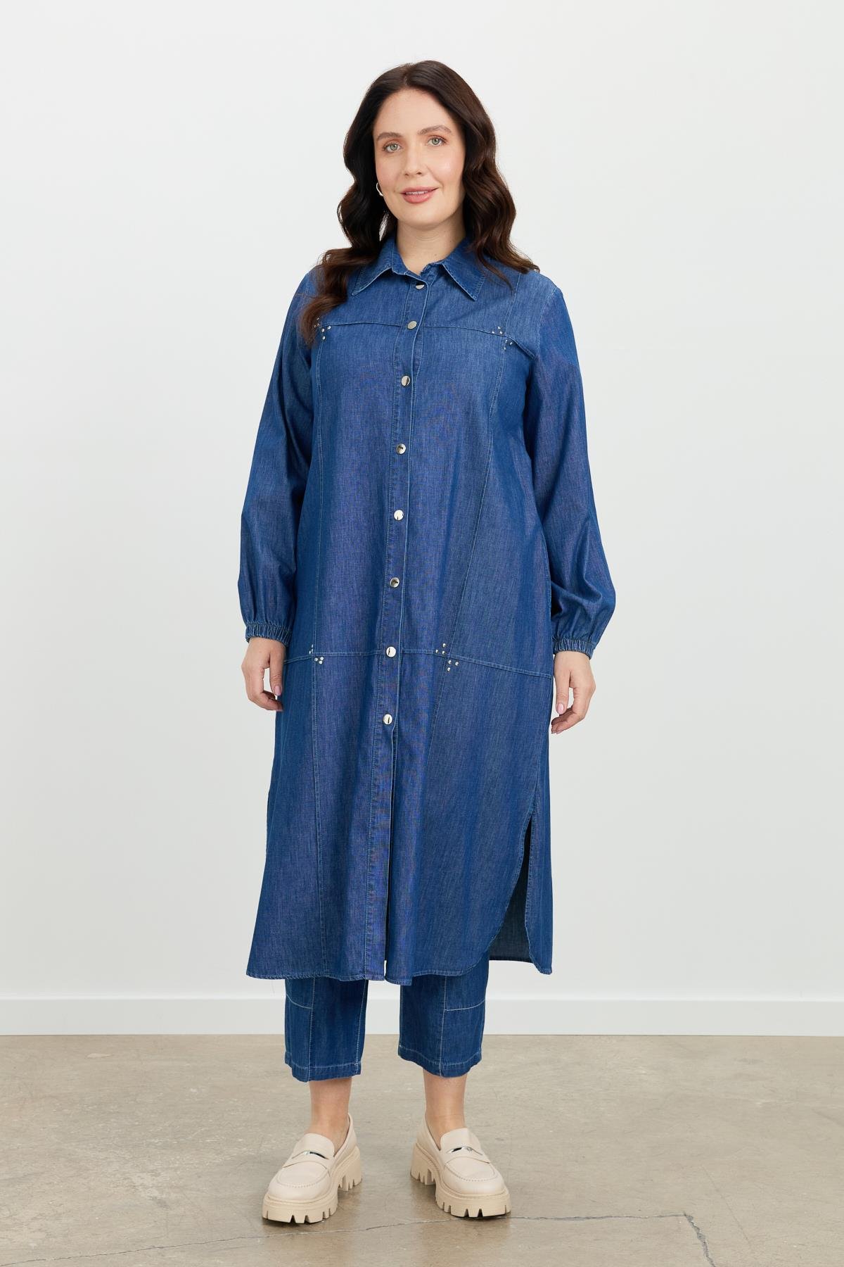 Büyük Beden Düğme Detay Kot Elbise-LACI