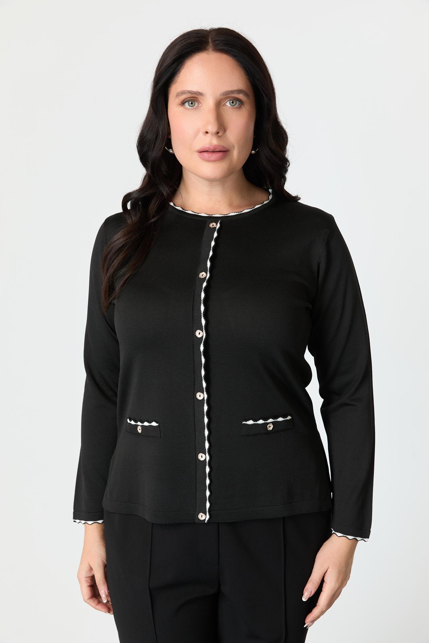 Büyük beden Düğme Detaylı Triko Kazak-SİYAH