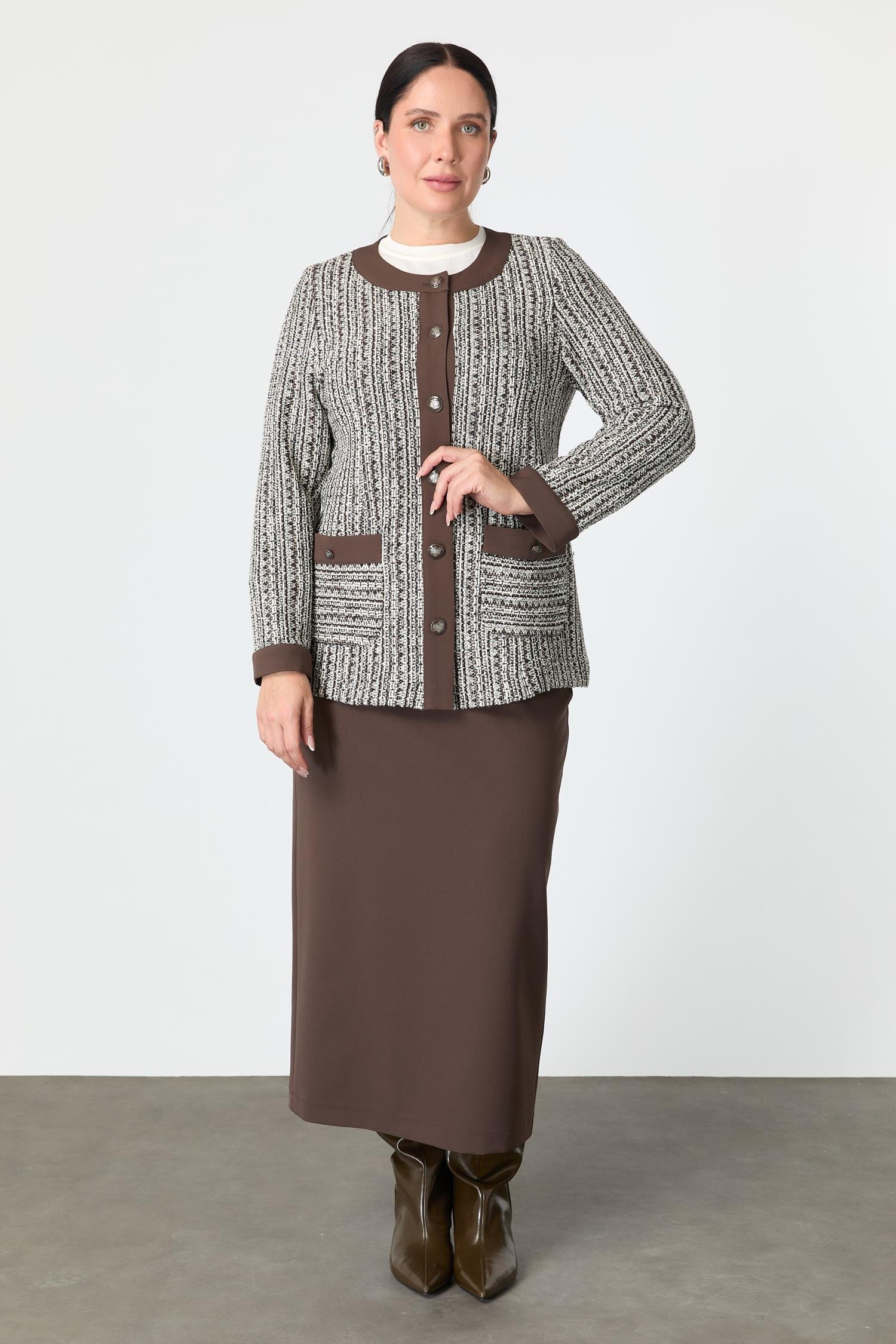 Büyük Beden Düğmeli Ceket-KAHVE