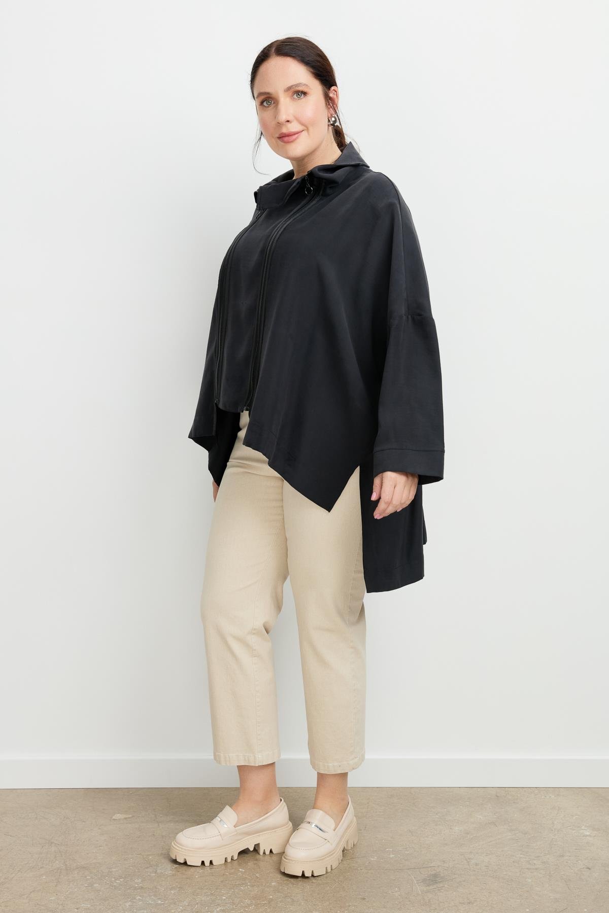 Büyük Beden Fermuar Detaylı Bluz-SİYAH