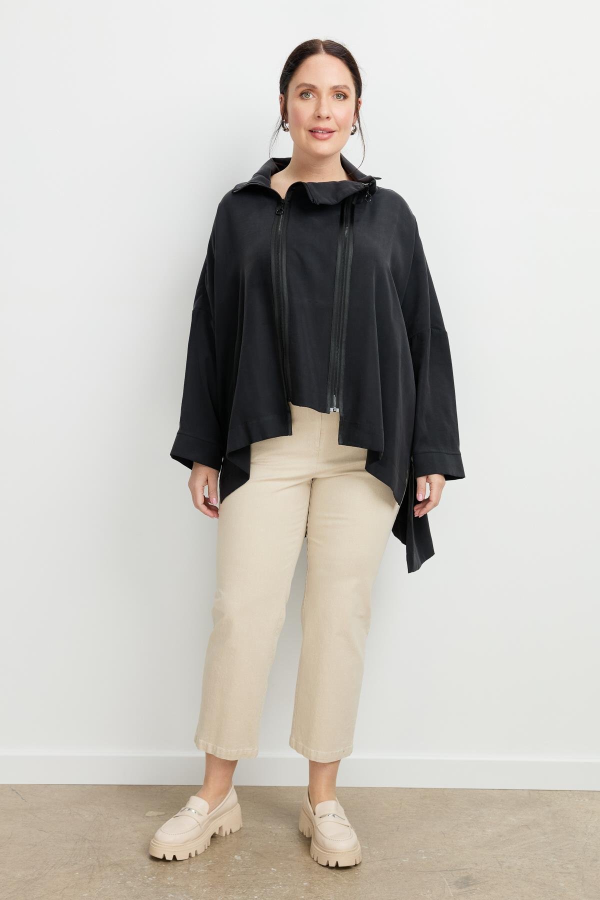 Büyük Beden Fermuar Detaylı Bluz-SİYAH