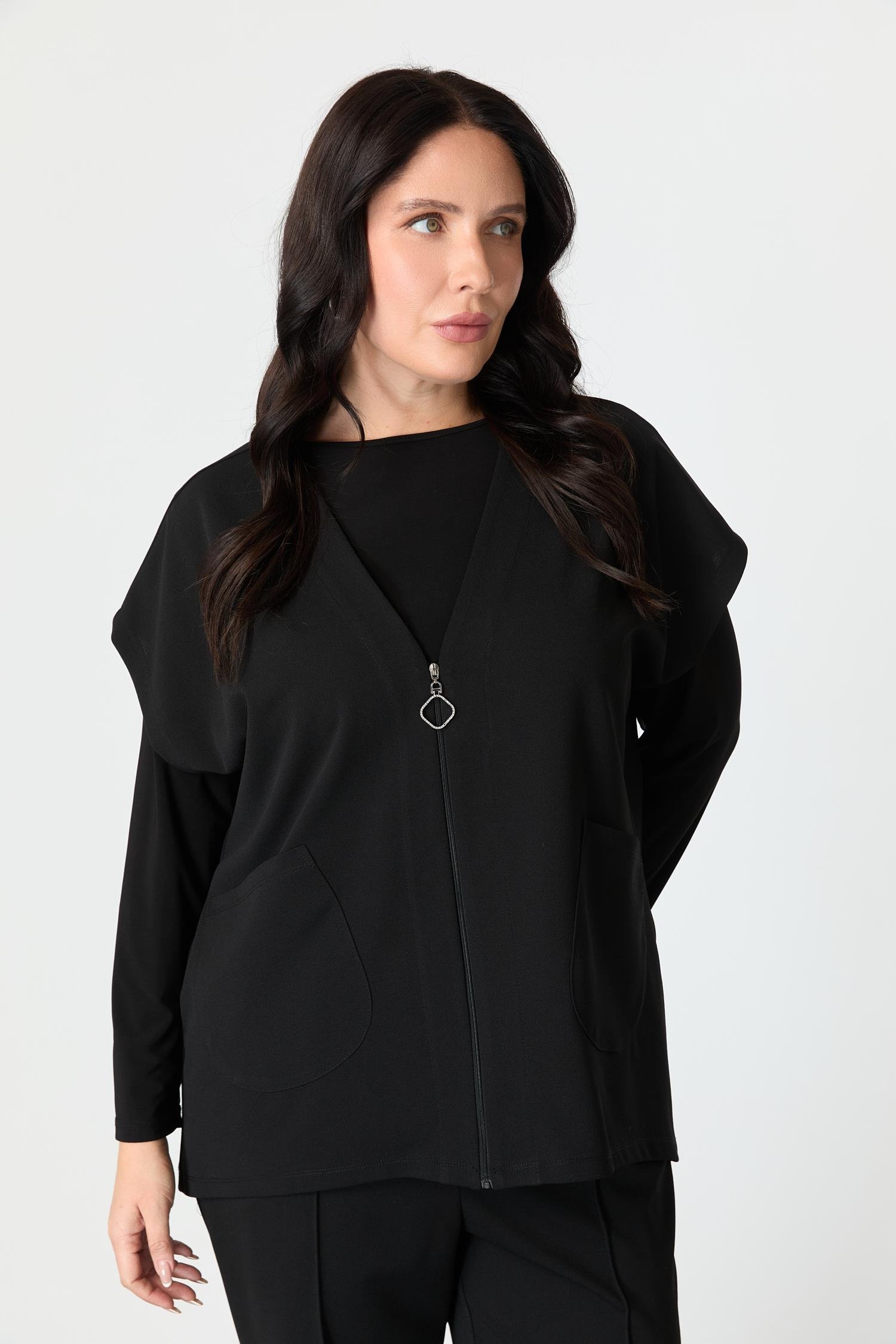 Büyük Beden Fermuar Detaylı Krep Yelek-SİYAH