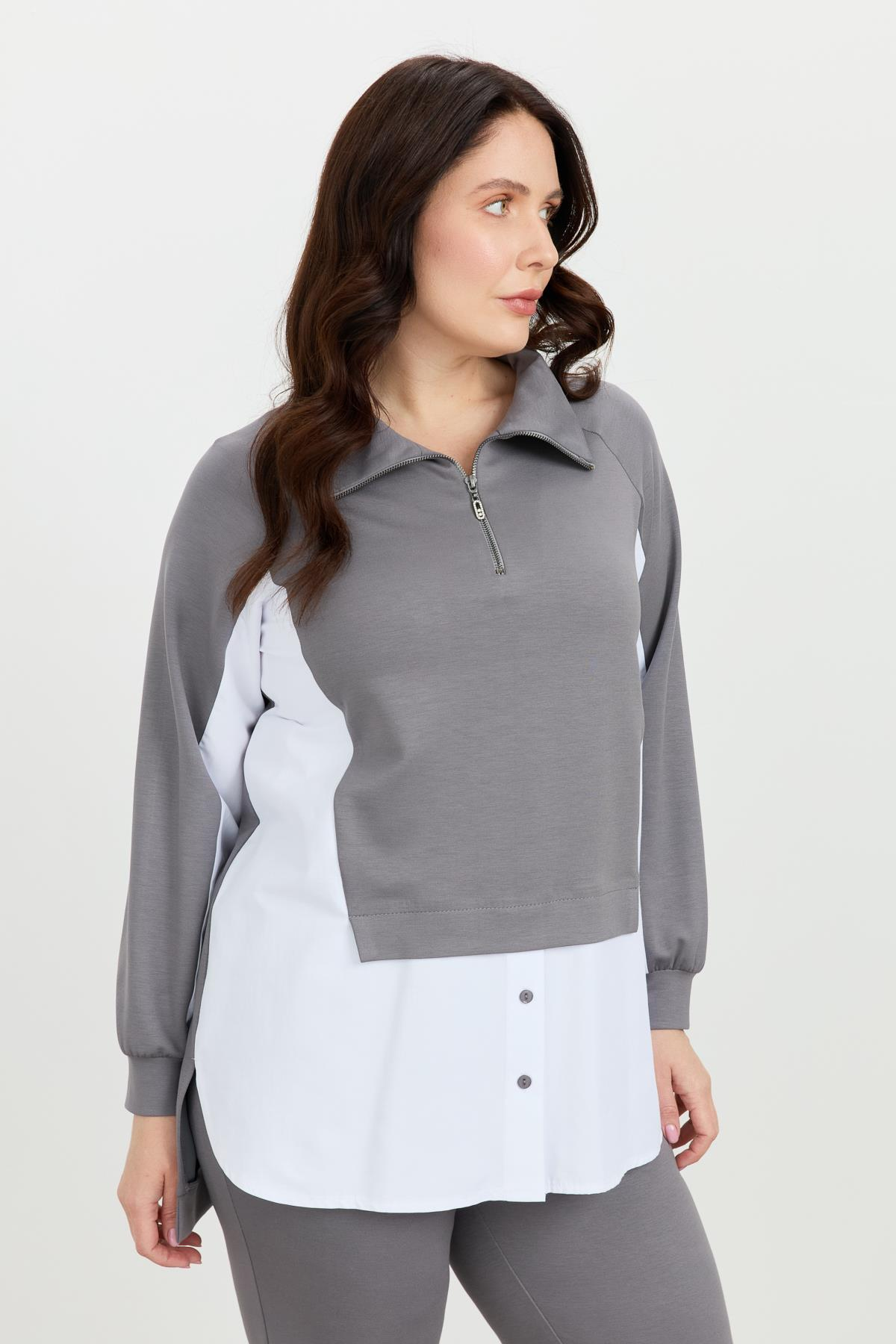 Büyük Beden Fermuar Yaka Sweatshirt-K.GRİ