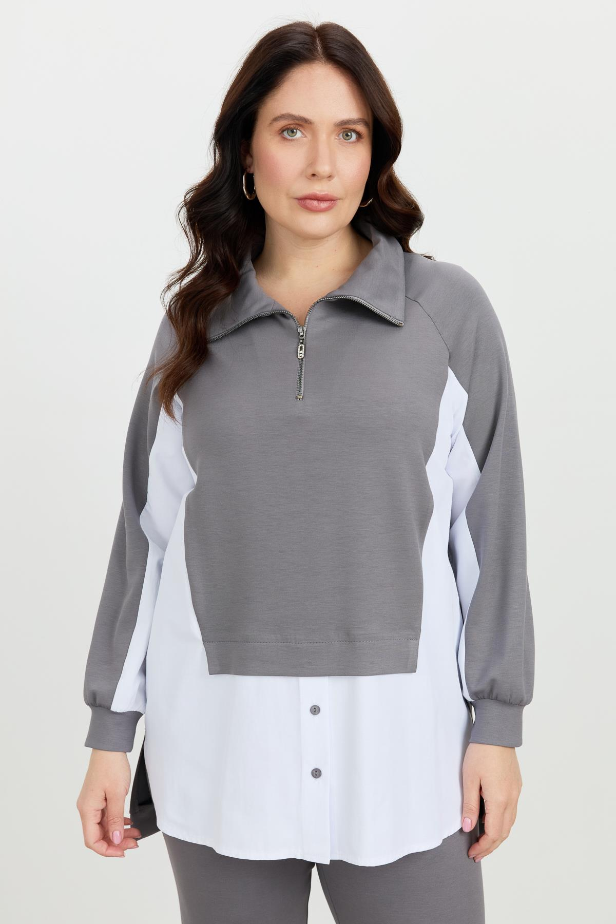 Büyük Beden Fermuar Yaka Sweatshirt-K.GRİ