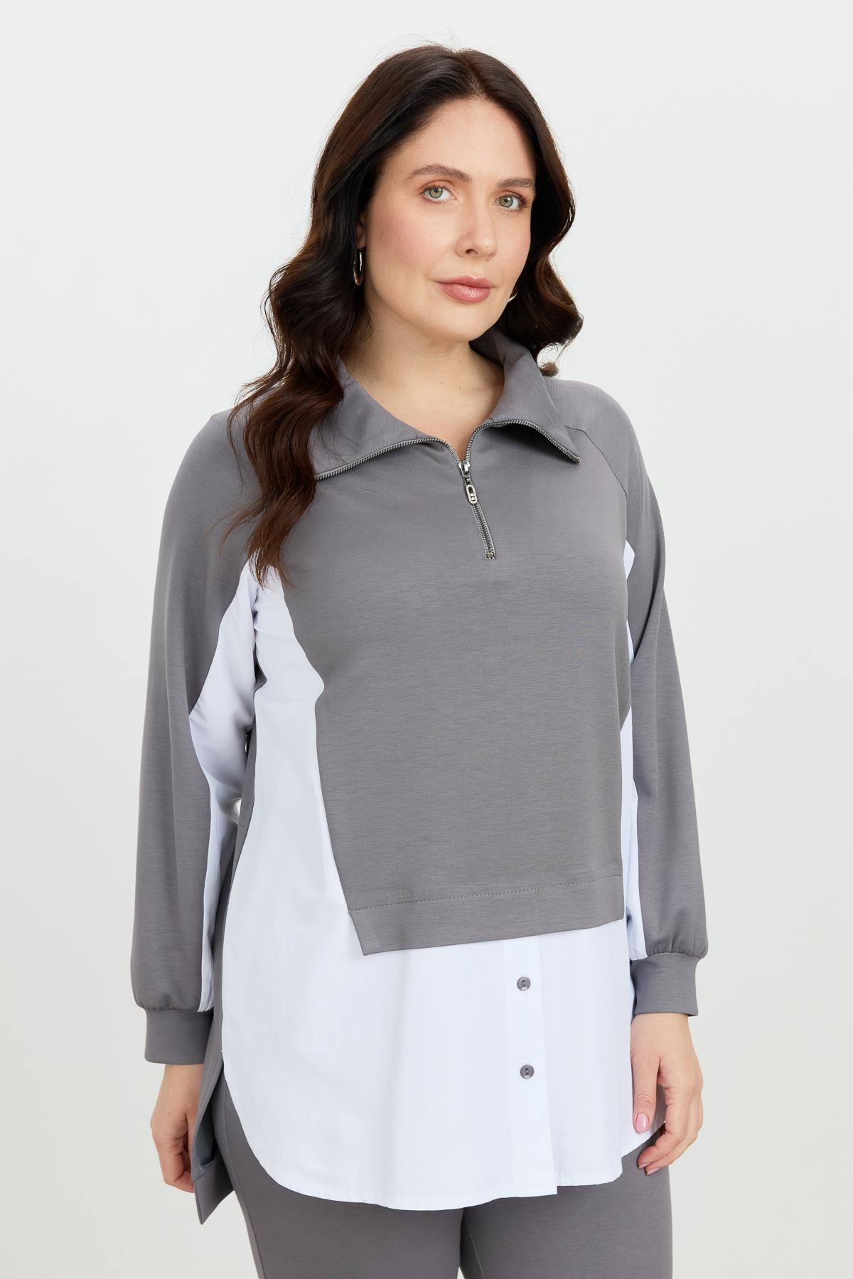 Büyük Beden Fermuar Yaka Sweatshirt-K.GRİ