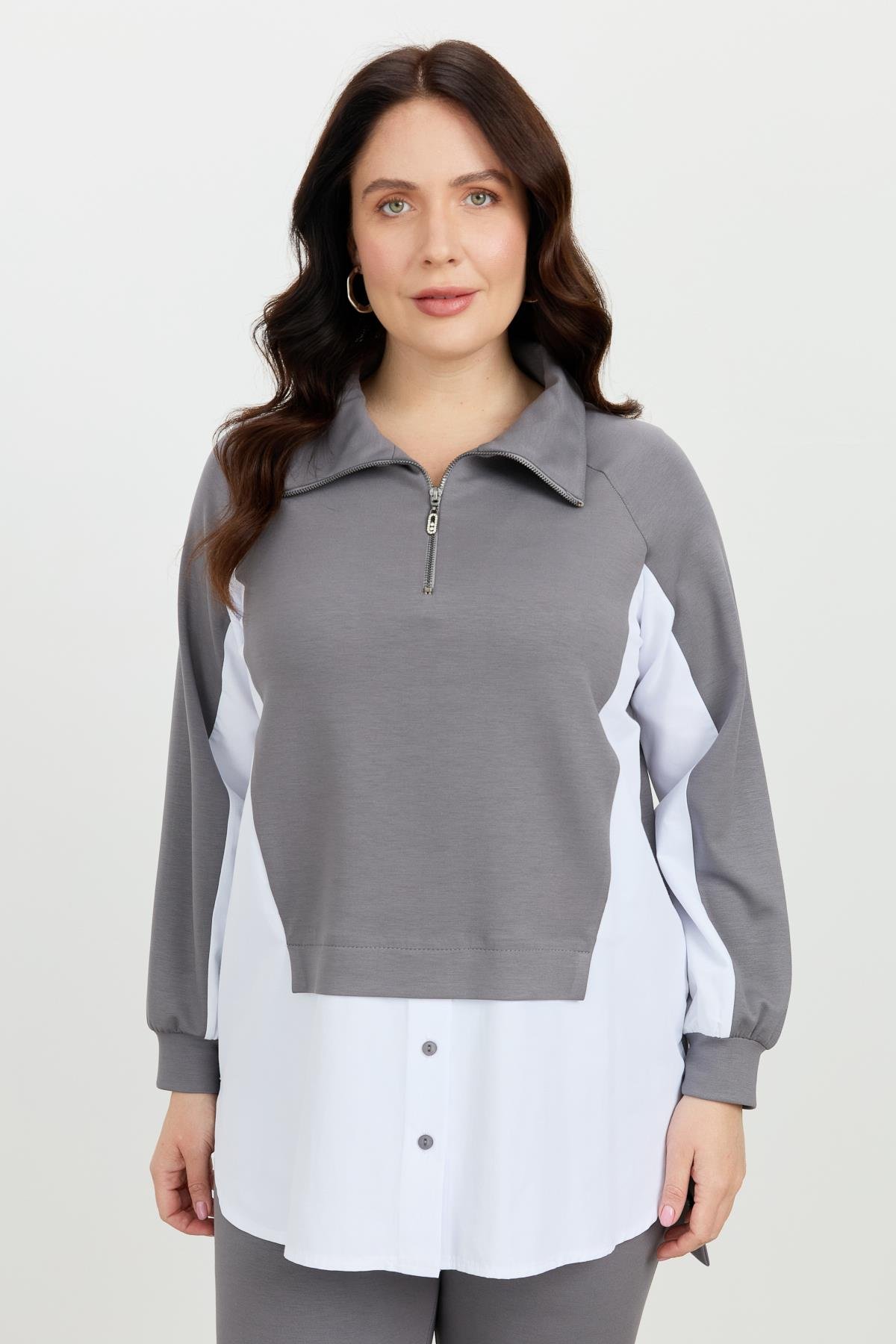 Büyük Beden Fermuar Yaka Sweatshirt-K.GRİ