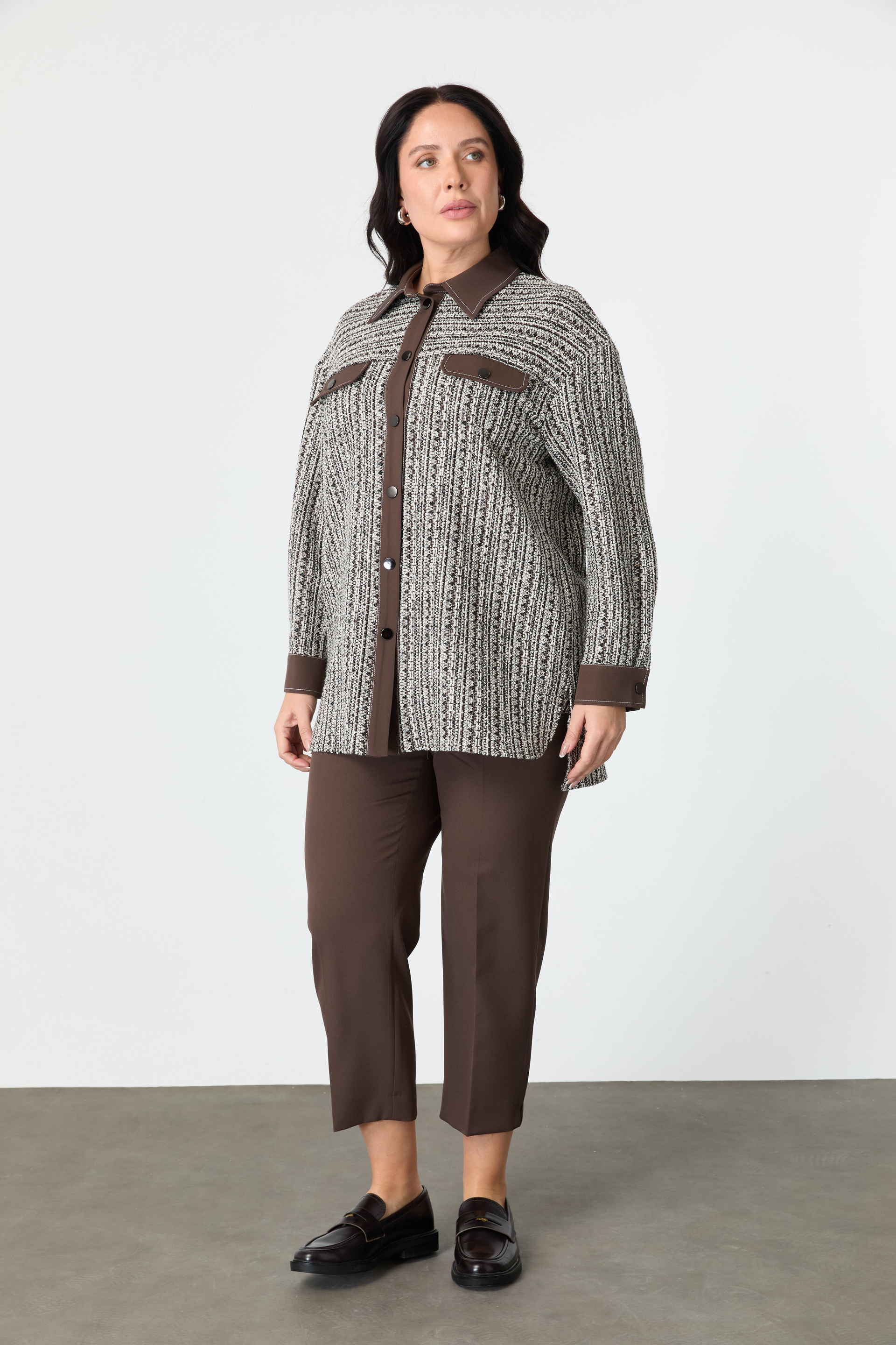 Büyük Beden Garnili Ceket Gömlek-KAHVE