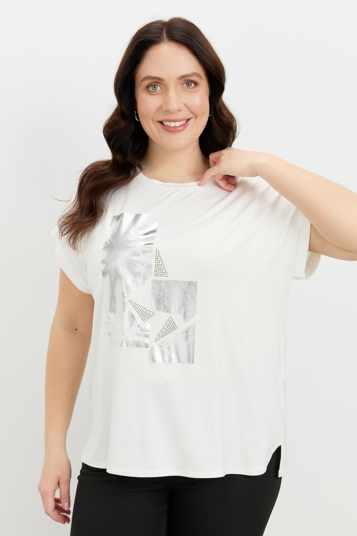 Büyük Beden Gümüş Baskı Bluz-KEMIK