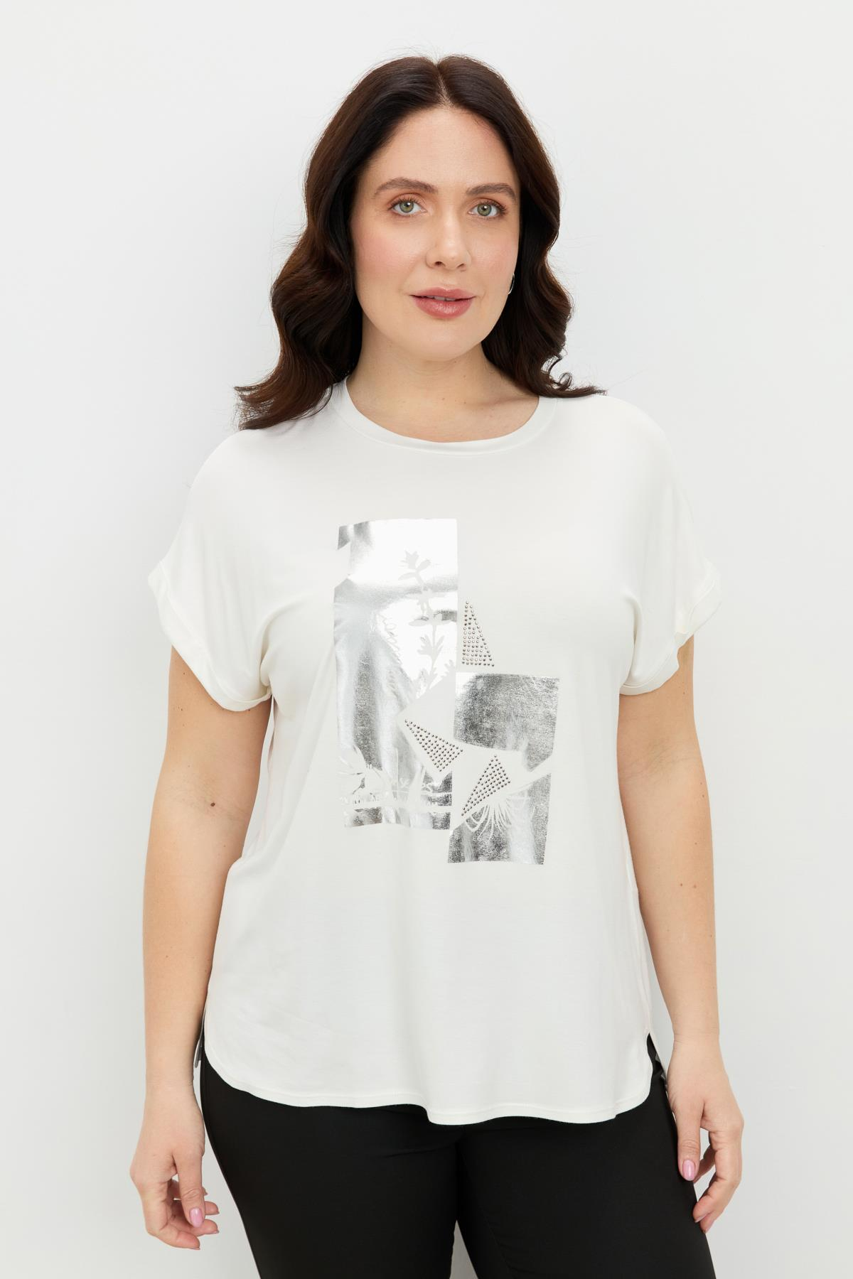 Büyük Beden Gümüş Baskı Bluz-KEMIK