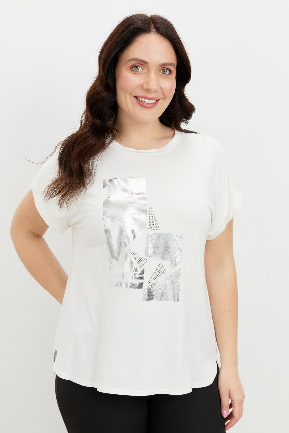 Büyük Beden Gümüş Baskı Bluz-KEMIK