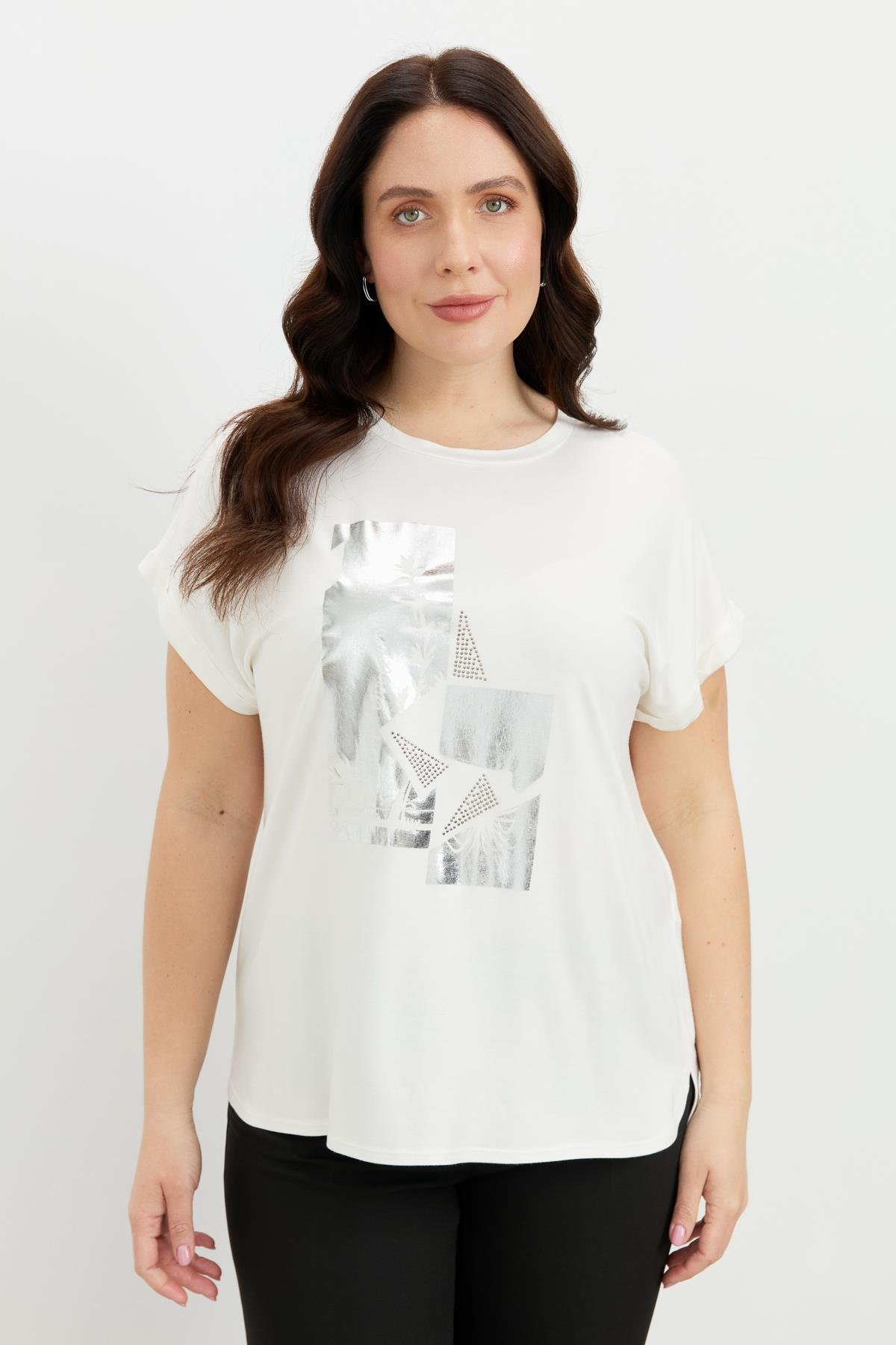 Büyük Beden Gümüş Baskı Bluz-KEMIK