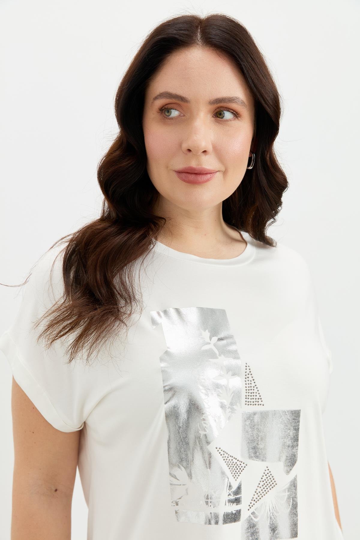 Büyük Beden Gümüş Baskı Bluz-KEMIK