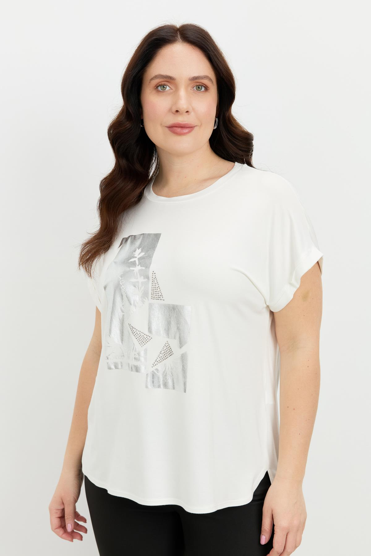 Büyük Beden Gümüş Baskı Bluz-KEMIK