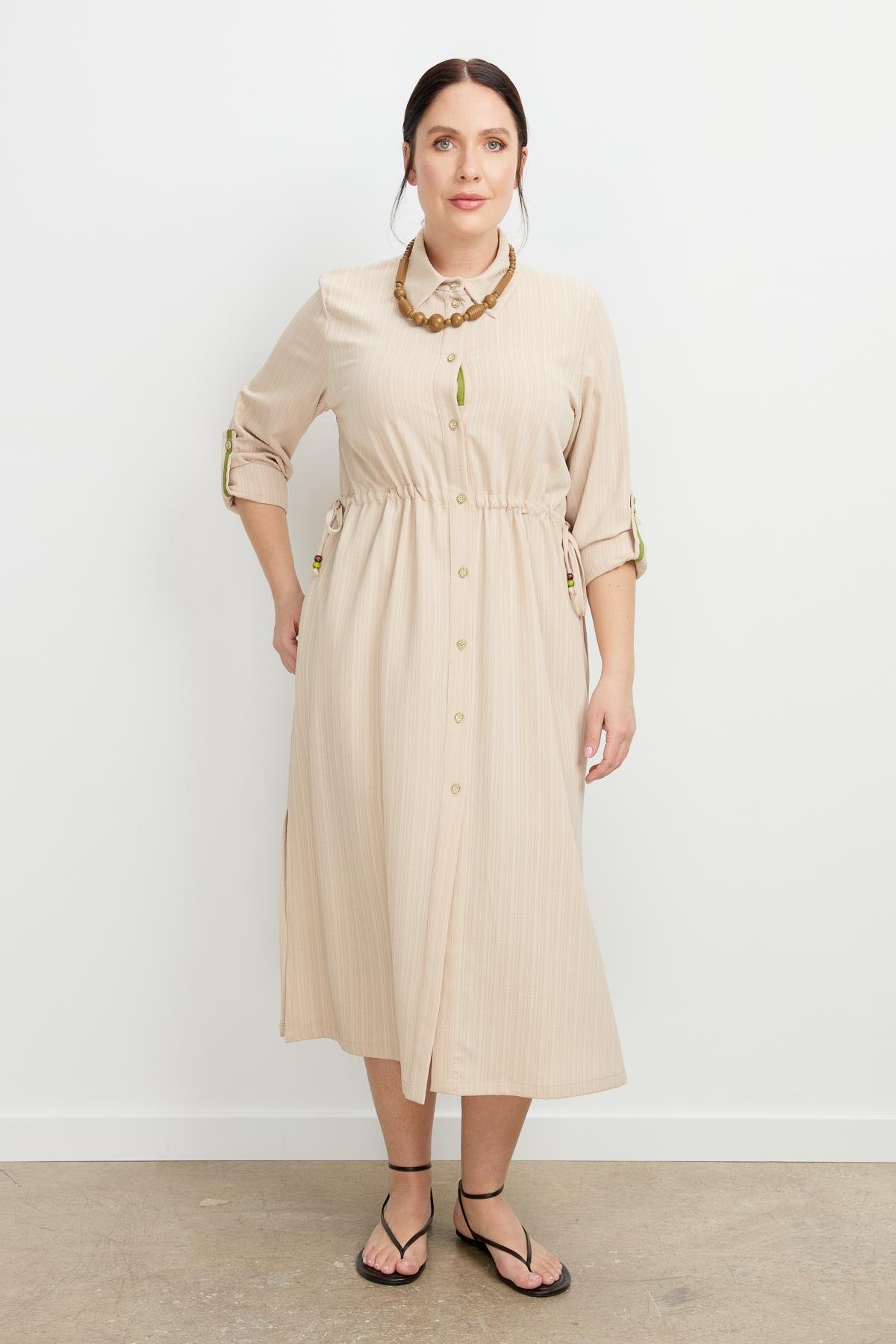 Büyük Beden İplikli Uzun Elbise-BEJ