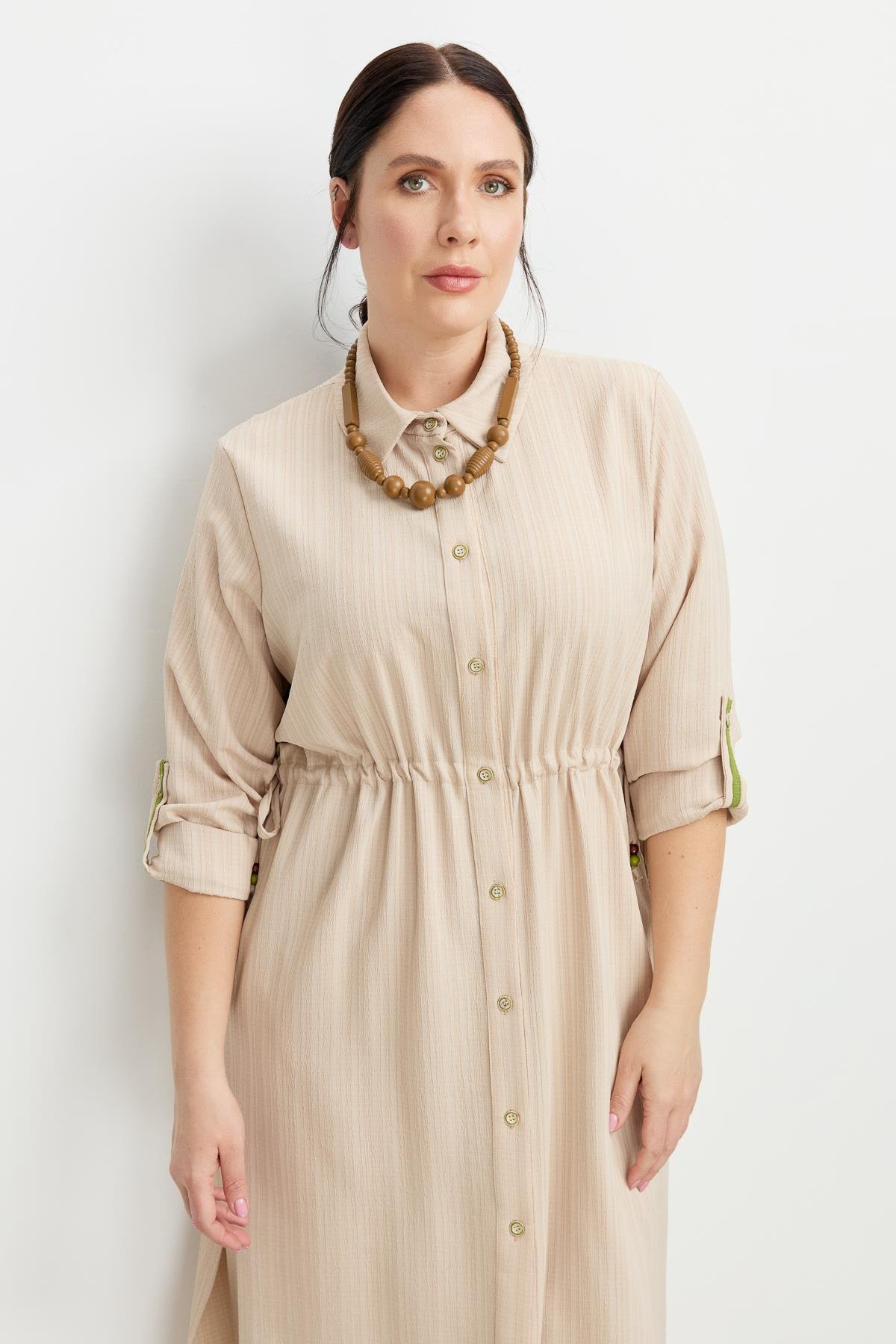 Büyük Beden İplikli Uzun Elbise-BEJ